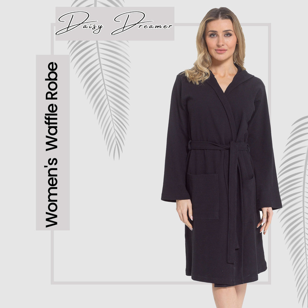 Women's Hooded Waffle Cotton Bathrobe Black Super Absorbent Spa Dressing Gown for Home Lounge & Travel by Daisy Dreamer