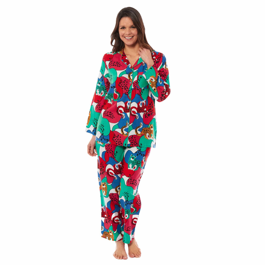 Women's Jaguar Jungle Leopard Print Long Pyjama Set Button Up Soft Breathable Viscose Loungewear Sleepwear Relaxing PJ Set by Daisy Dreamer
