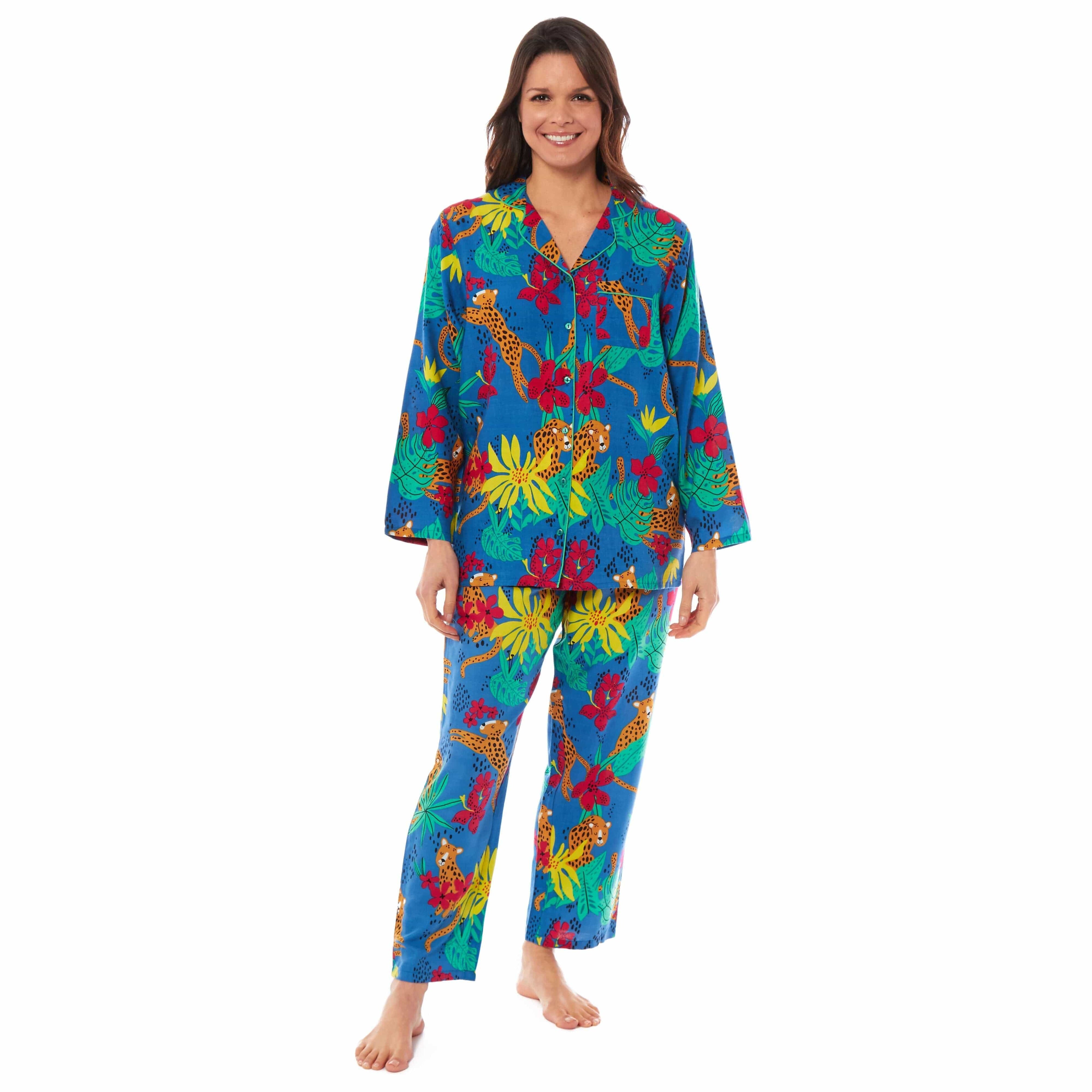 Women's Jaguar Jungle Leopard Print Long Pyjama Set Button Up Soft Breathable Viscose Loungewear by Daisy Dreamer