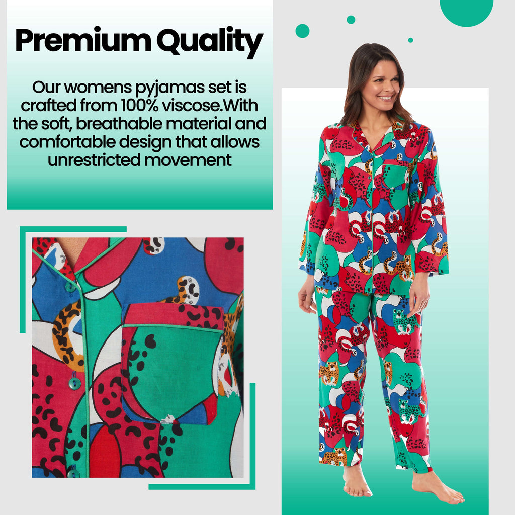 Women's Jaguar Jungle Leopard Print Long Pyjama Set Button Up Soft Breathable Viscose Loungewear Sleepwear Relaxing PJ Set by Daisy Dreamer