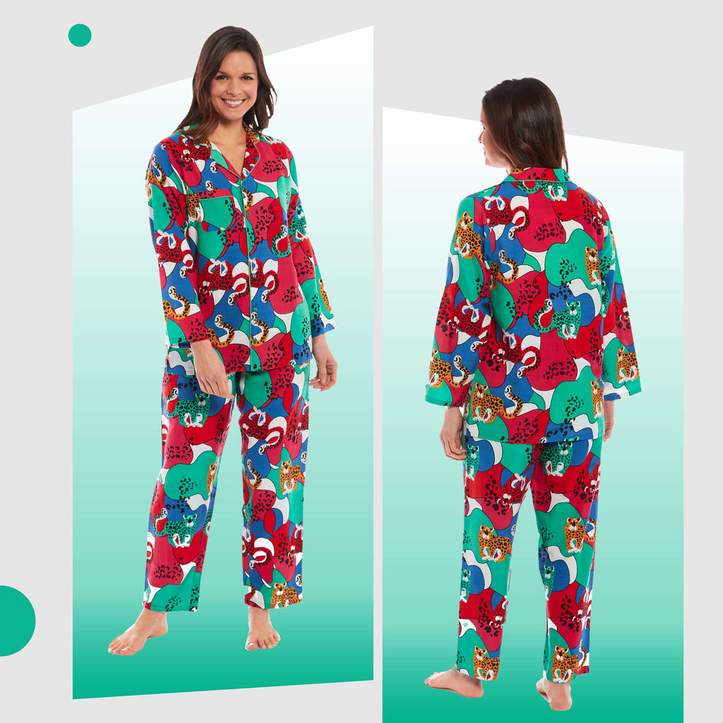 Women's Jaguar Jungle Leopard Print Long Pyjama Set Button Up Soft Breathable Viscose Loungewear Sleepwear Relaxing PJ Set by Daisy Dreamer