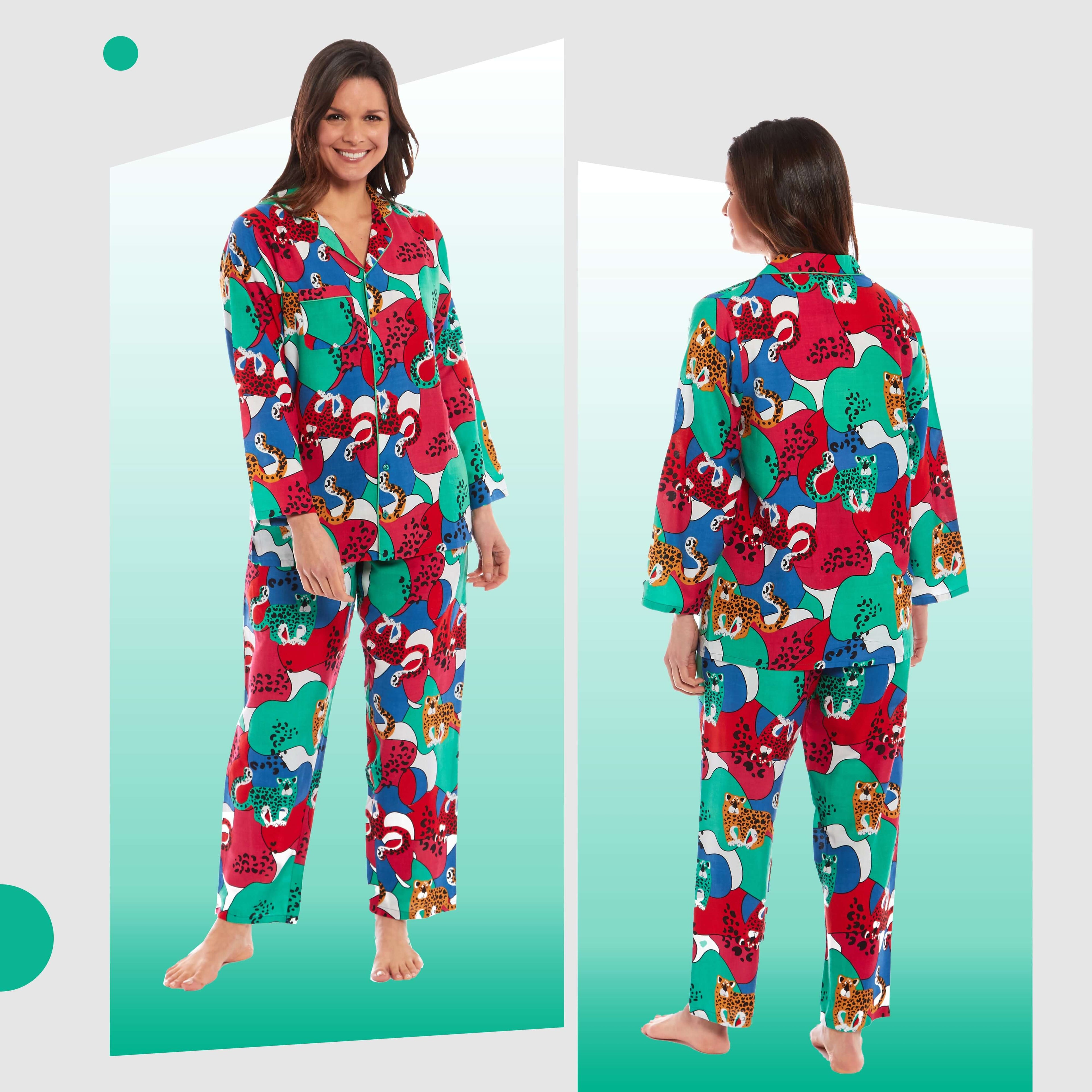 Women's Jaguar Jungle Leopard Print Long Pyjama Set Button Up Soft Breathable Viscose Loungewear Sleepwear Relaxing PJ Set by Daisy Dreamer