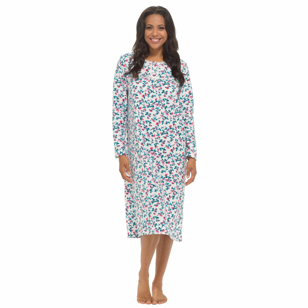 Women's Long Sleeve Fleece Nightdress Soft Warm Floral Print Sleepwear Cozy Winter Nightie by Daisy Dreamer