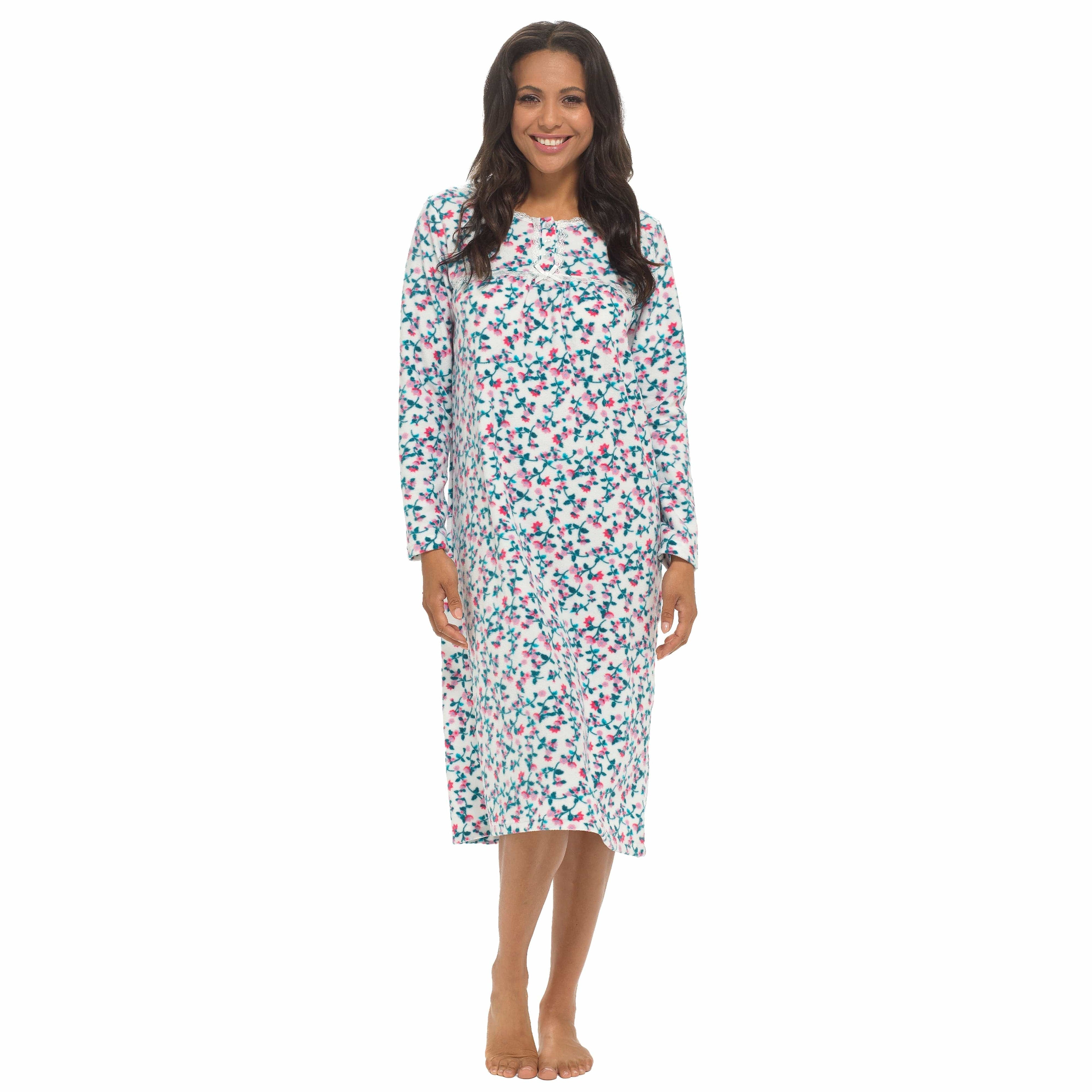 Women's Long Sleeve Fleece Nightdress Soft Warm Floral Print Sleepwear Cozy Winter Nightie by Daisy Dreamer