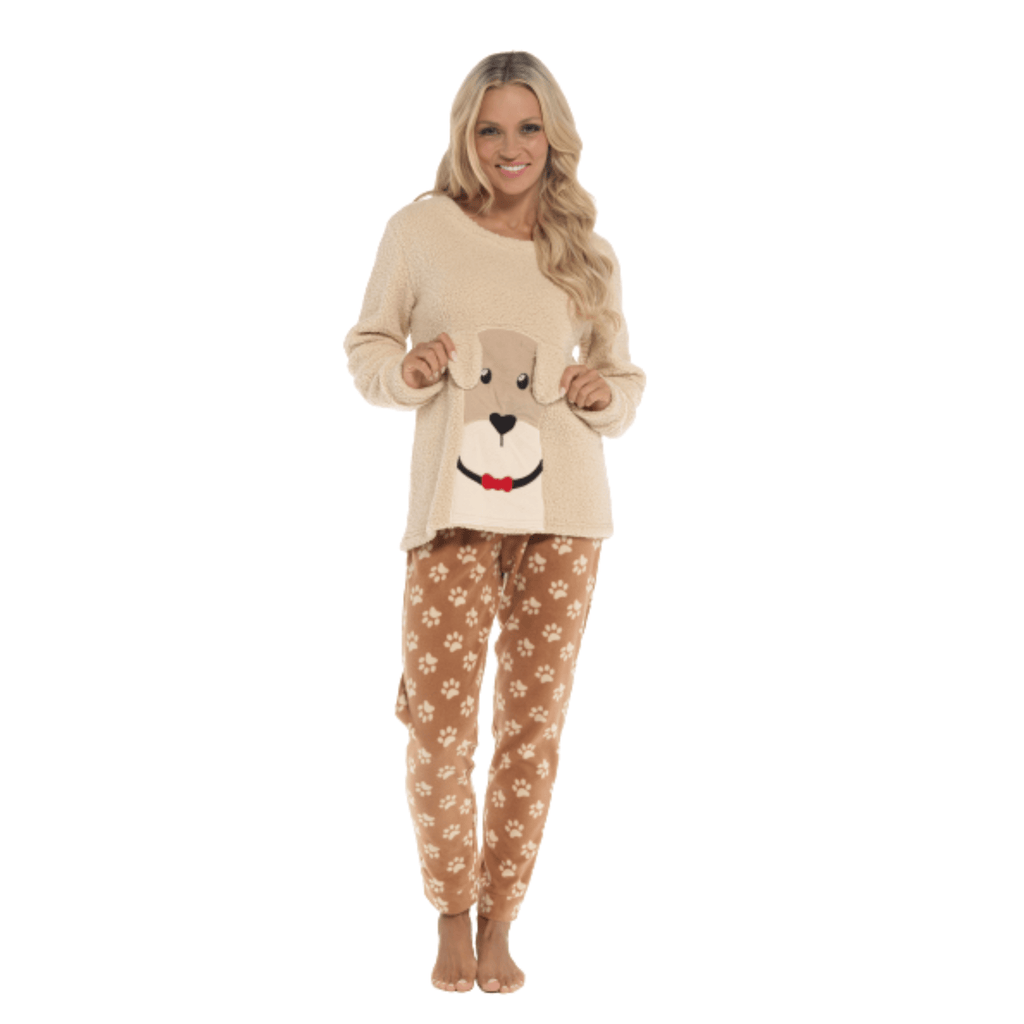 Women's Luxurious Fleece Pyjama Set Dog Snuggle Design Cosy Loungewear Sleepwear by Daisy Dreamer