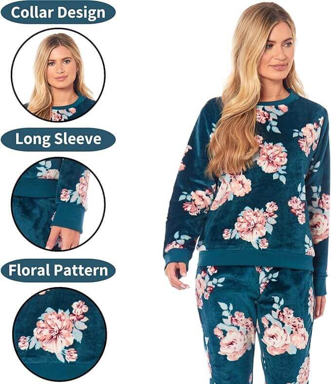 Women's Luxurious Floral Fleece Pyjama Set with Long Sleeve Top and Elastic Waist Pajamas by Daisy Dreamer