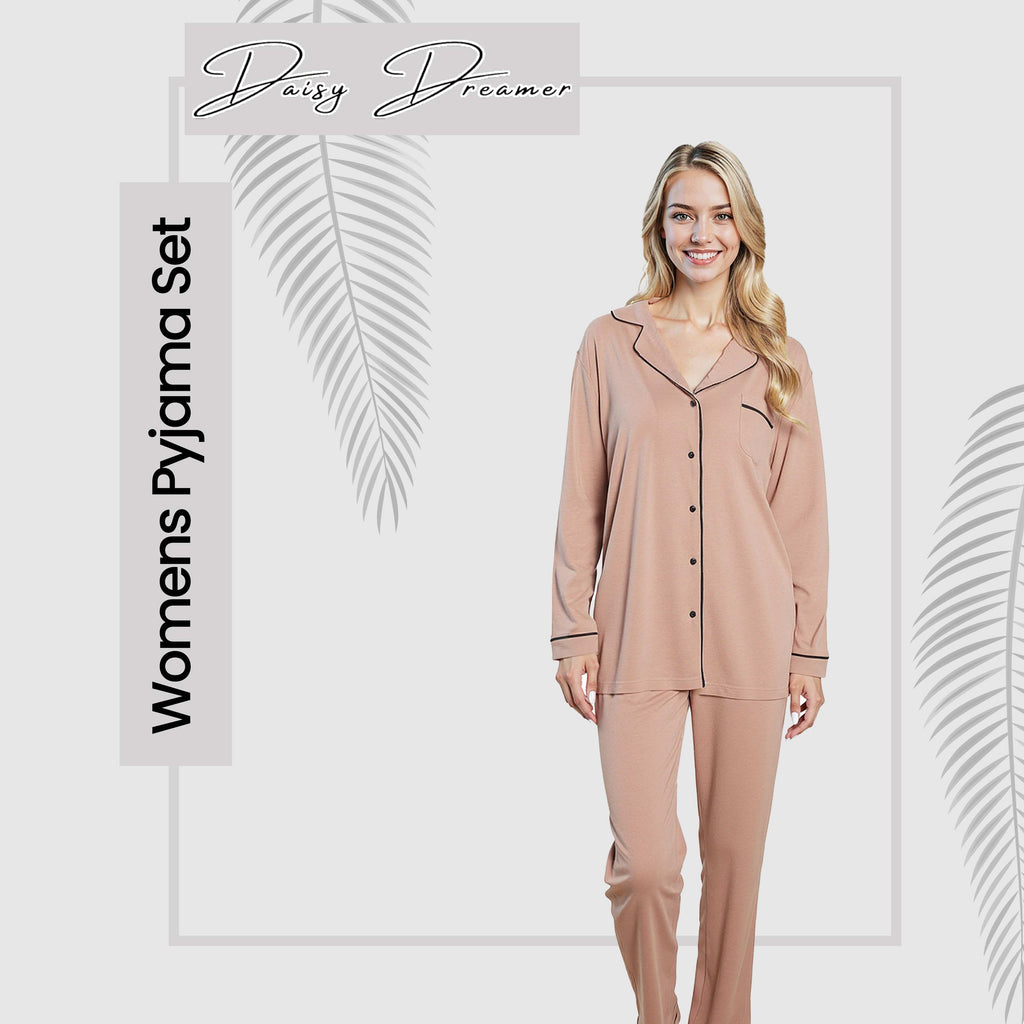 Women's Natural Pyjama Set Soft Touch Long Sleeve Button-Up Top & Bottoms Two-Piece Nightwear by Daisy Dreamer