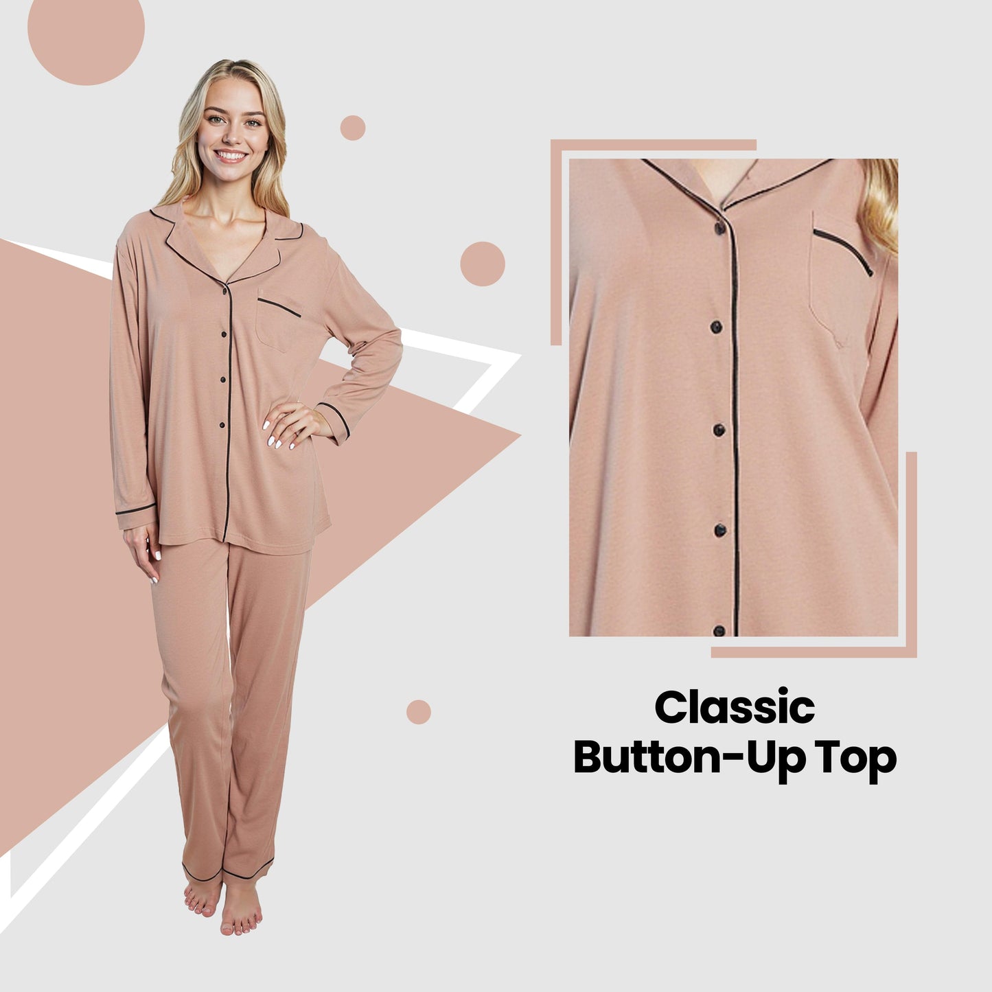 Women's Natural Pyjama Set Soft Touch Long Sleeve Button-Up Top & Bottoms Two-Piece Nightwear by Daisy Dreamer
