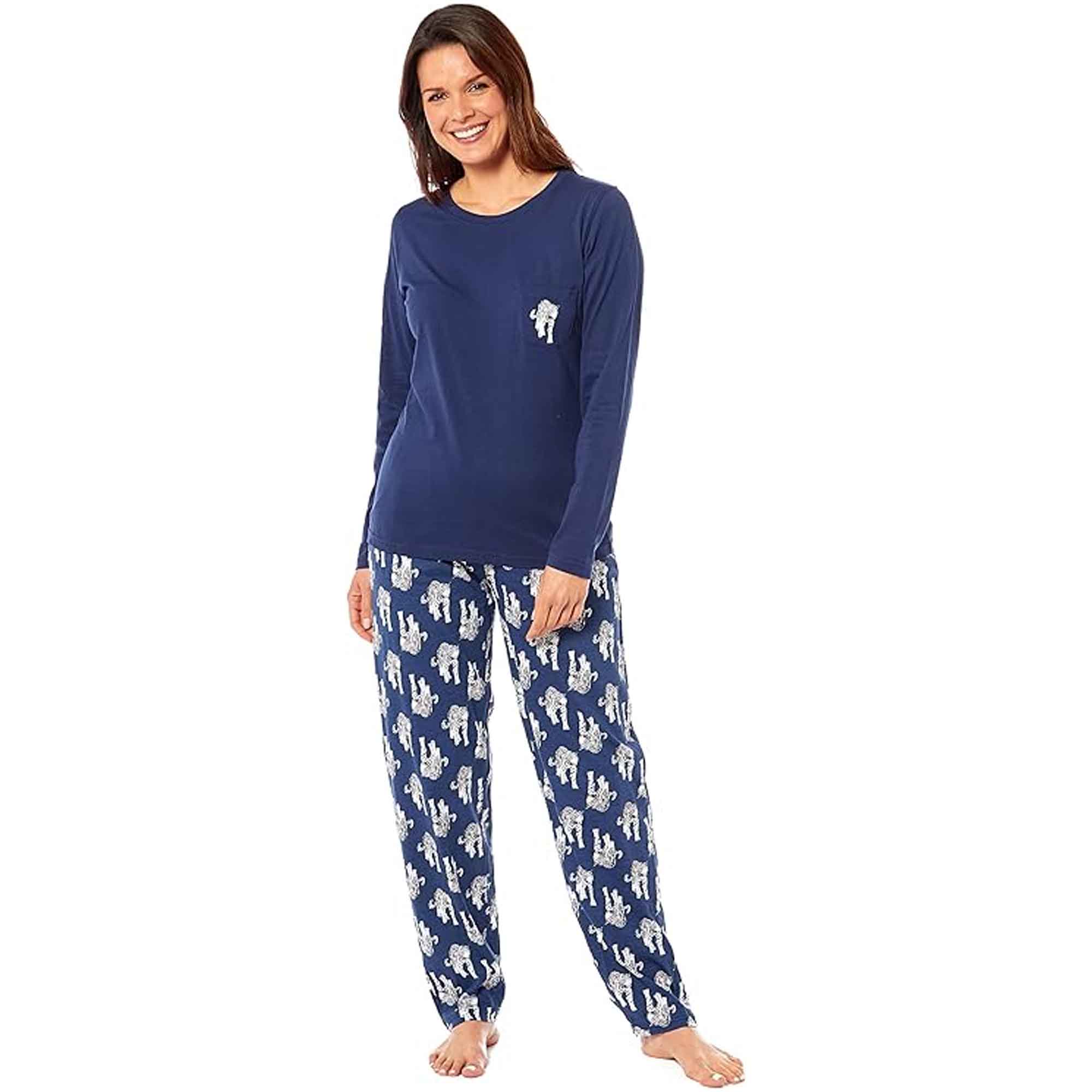 Women's Navy Tiger Print Polar Fleece Pyjama Set Soft Comfortable Loungewear Long Sleeve Top by Daisy Dreamer