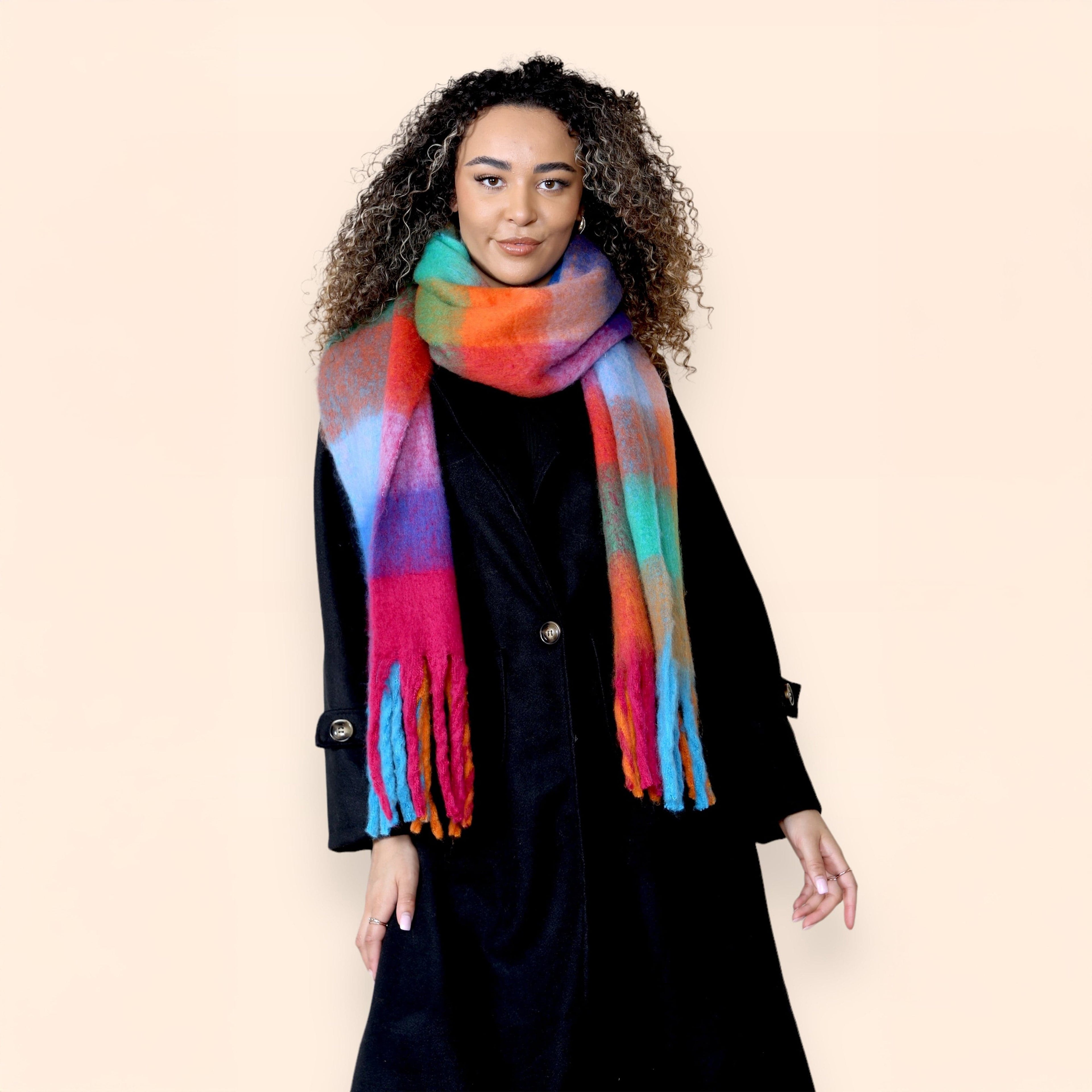 Women’s Orange Blue Chunky Knit Bright Plaid Blanket Scarf Long Winter Wrap Warm Check Shawl with Tassels Gift for Ladies by Daisy Dreamer
