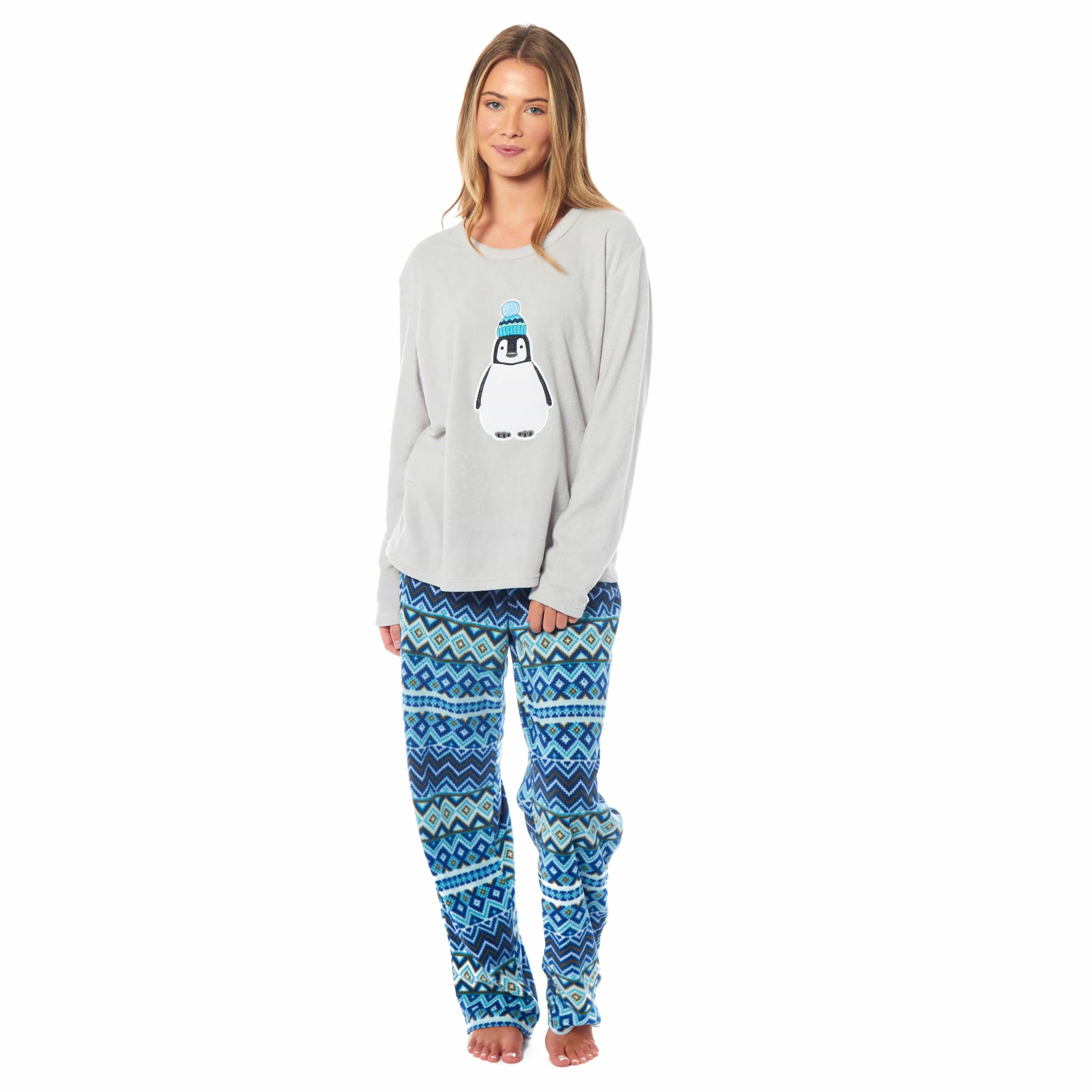 Women's Penguin Thermal Fleece Pyjamas Set Soft Warm Winter PJs Animal Print Loungewear Sleepwear Long Sleeve Top and Bottom by Daisy Dreamer