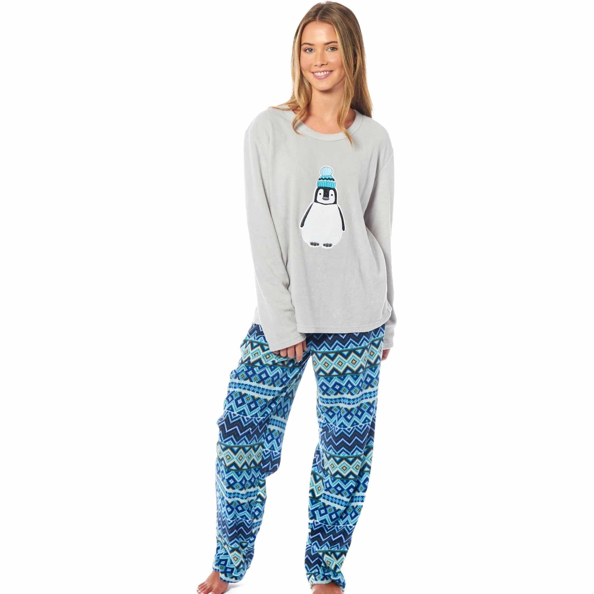 Women's Penguin Thermal Fleece Pyjamas Set Soft Warm Winter PJs Animal Print Loungewear by Daisy Dreamer