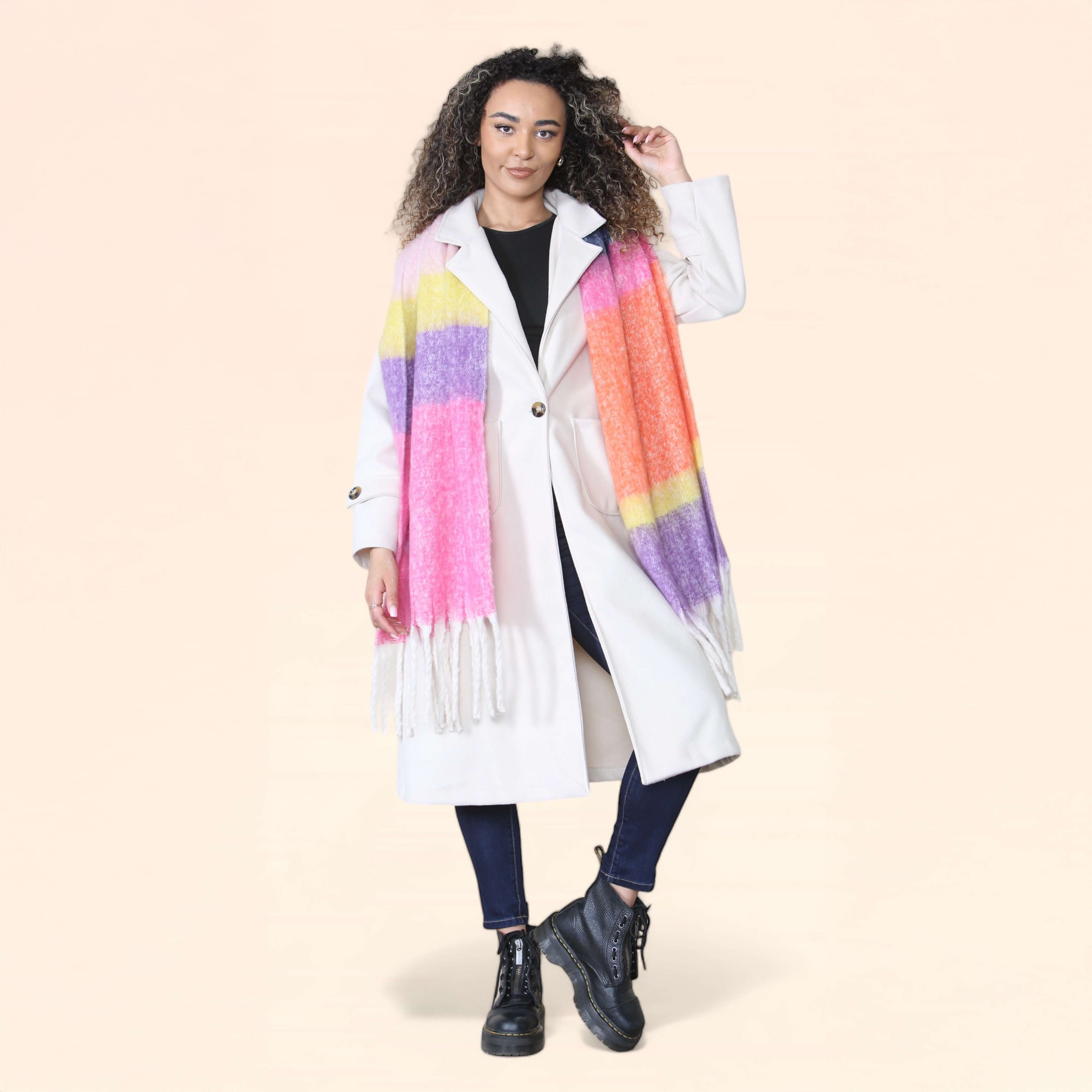 Women’s Pink Purple Chunky Knit Bright Plaid Blanket Scarf Long Winter Wrap Warm Striped Shawl with Tassels Gift for Ladies by Daisy Dreamer