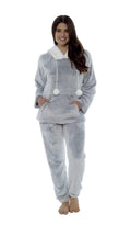Women's Plush Fleece Hooded Pyjama Set Shimmer Grey Super Soft Elasticated Waistband Sherpa Edging by Daisy Dreamer