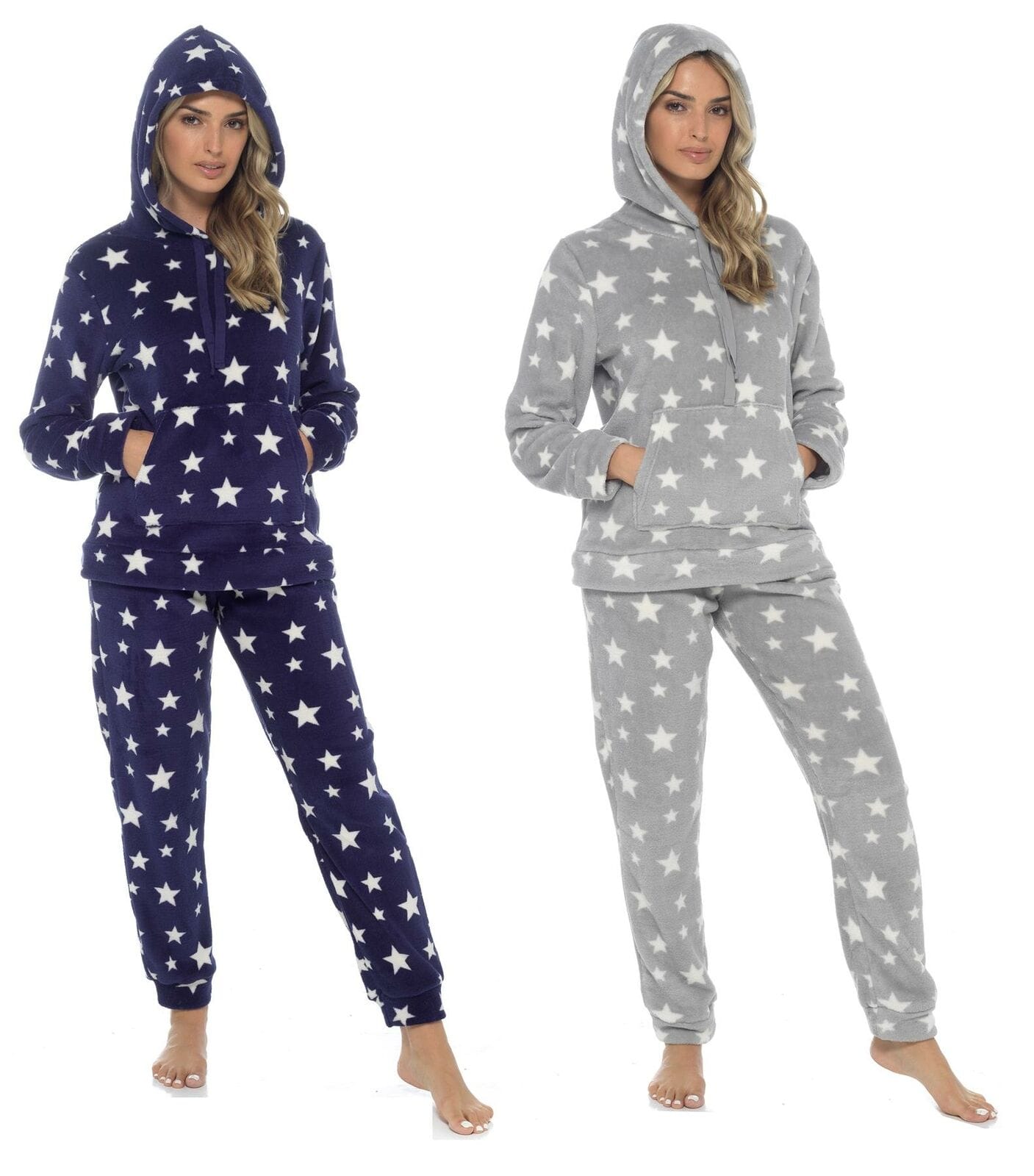 Women's Plush Fleece Hooded Pyjama Set Stars Design Soft Teddy Fabric Cosy Nightwear by Daisy Dreamer