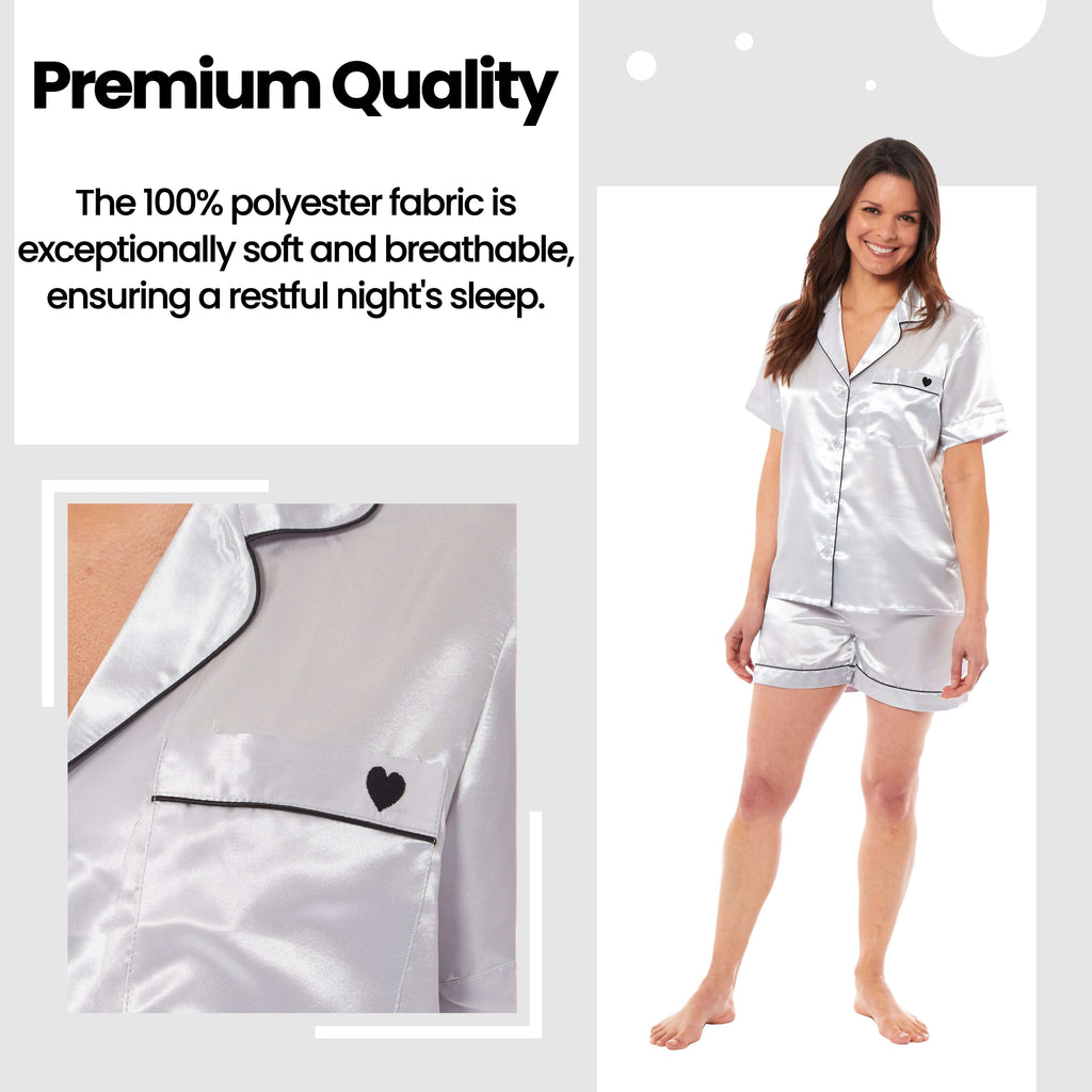 Women's Satin Silk Short Pyjama Set Soft Breathable Nightwear Loungewear PJs Black Pink Grey UK Sizes 8-22 by Daisy Dreamer