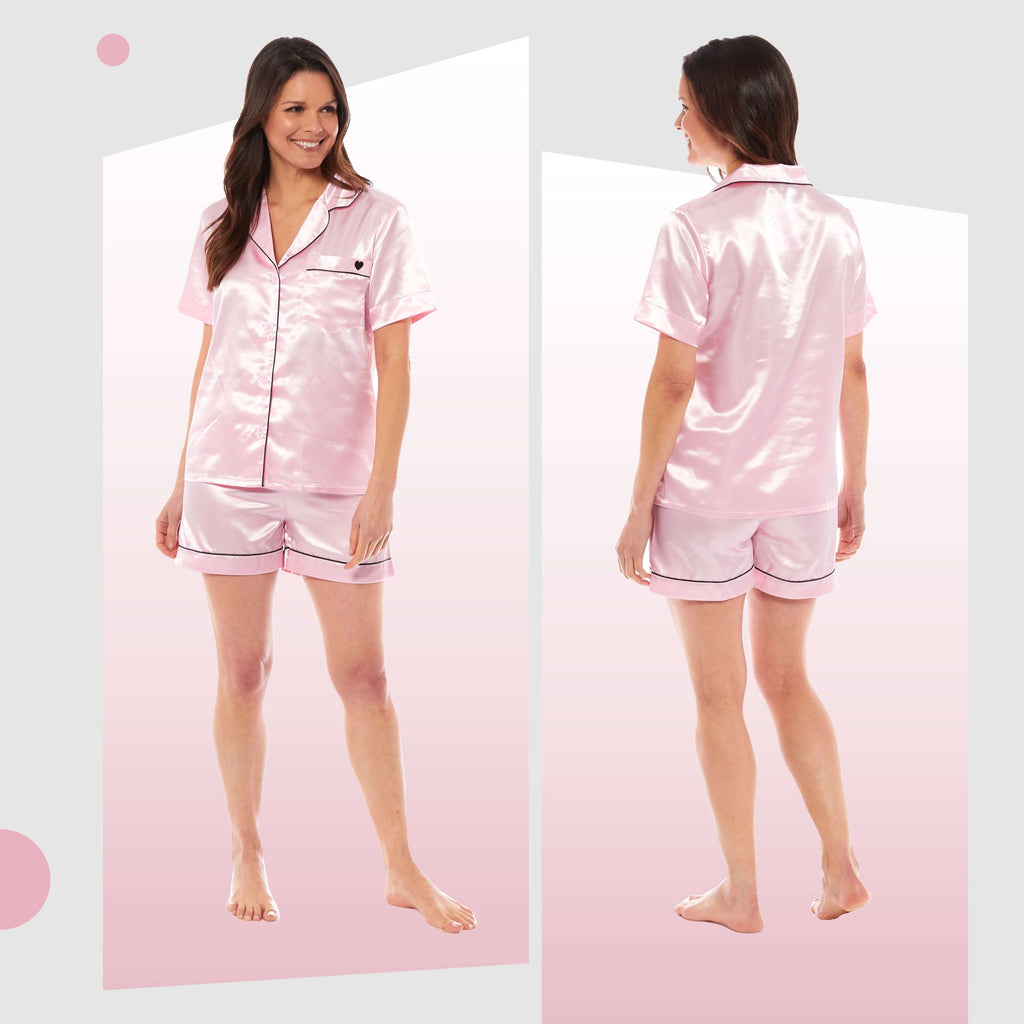 Women's Satin Silk Short Pyjama Set Soft Breathable Nightwear Loungewear PJs Black Pink Grey UK Sizes 8-22 by Daisy Dreamer