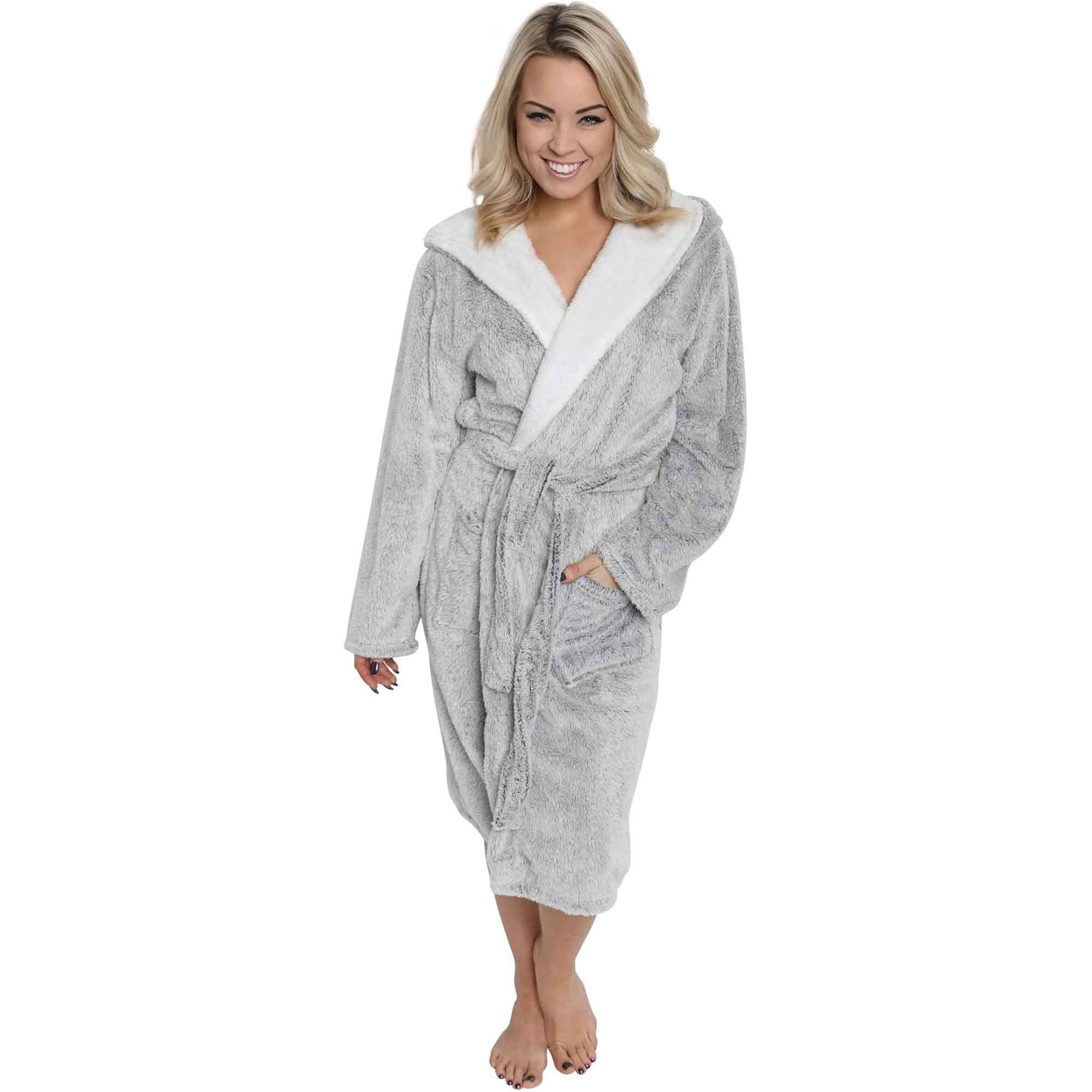 Women's Shimmer Grey Fleece Hooded Bathrobe Ultra-Soft Sherpa Lining Cozy Long Loungewear Luxurious Warm Plush Dressing Gown by Daisy Dreamer for Winter