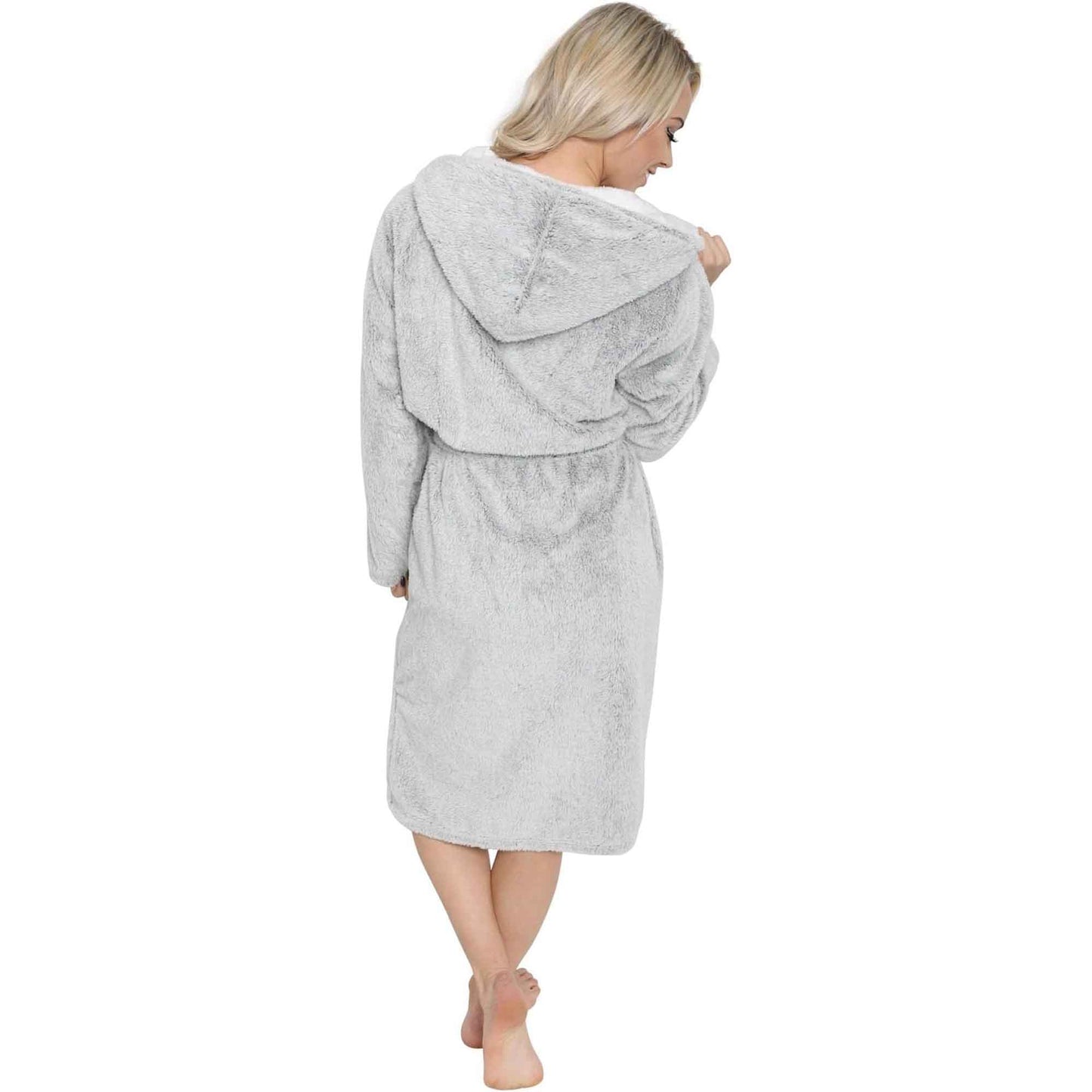 Women's Shimmer Grey Fleece Hooded Bathrobe Ultra-Soft Sherpa Lining Cozy Long Loungewear Luxurious Warm Plush Dressing Gown by Daisy Dreamer for Winter
