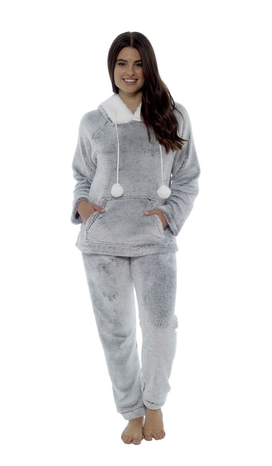 Women's Shimmer Grey Plush Fleece Hooded Pyjama Set with Sherpa Trim Cosy Stylish Nightwear by Daisy Dreamer
