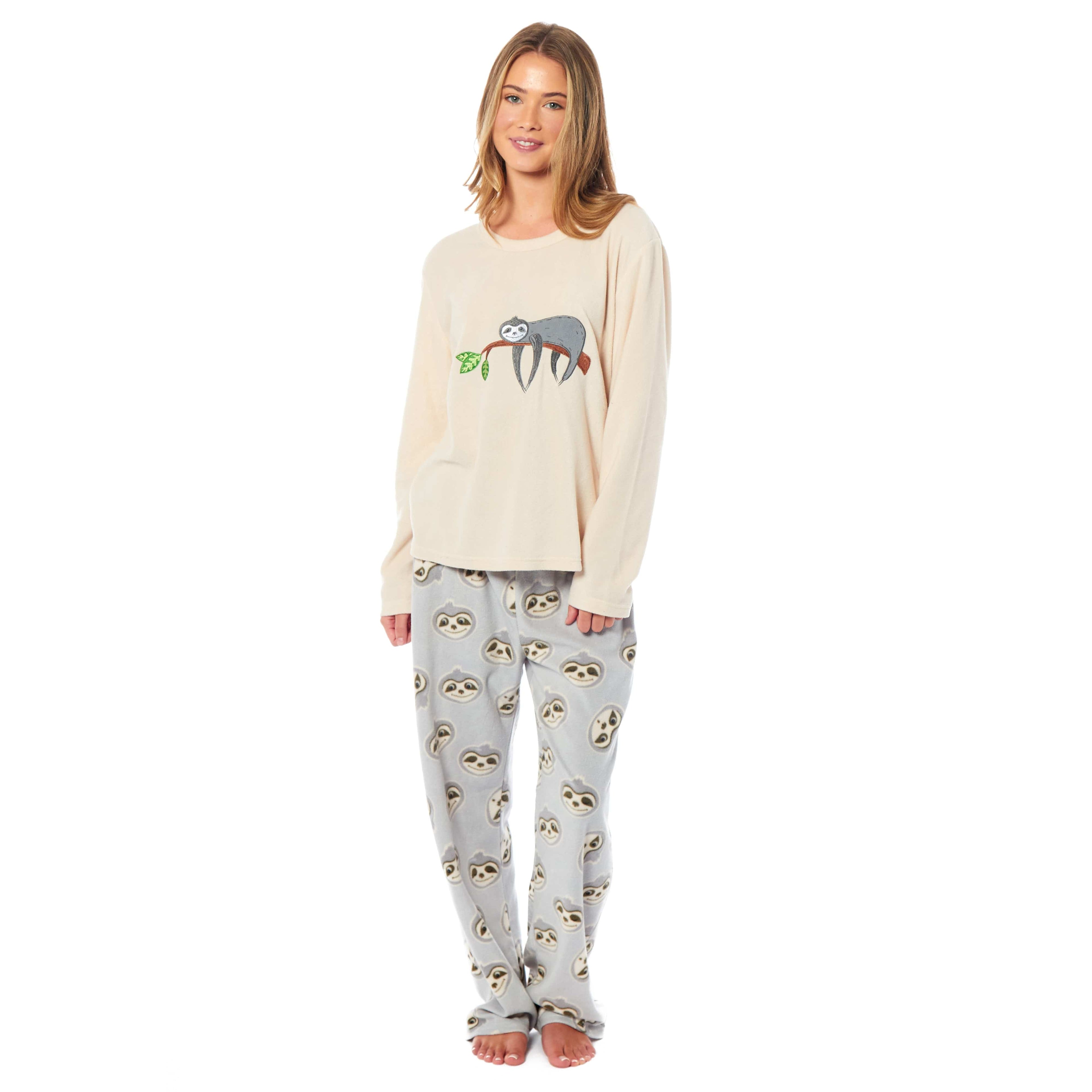 Women's Sloth Thermal Fleece Pyjamas Set Soft Warm Winter PJs Animal Print Loungewear by Daisy Dreamer
