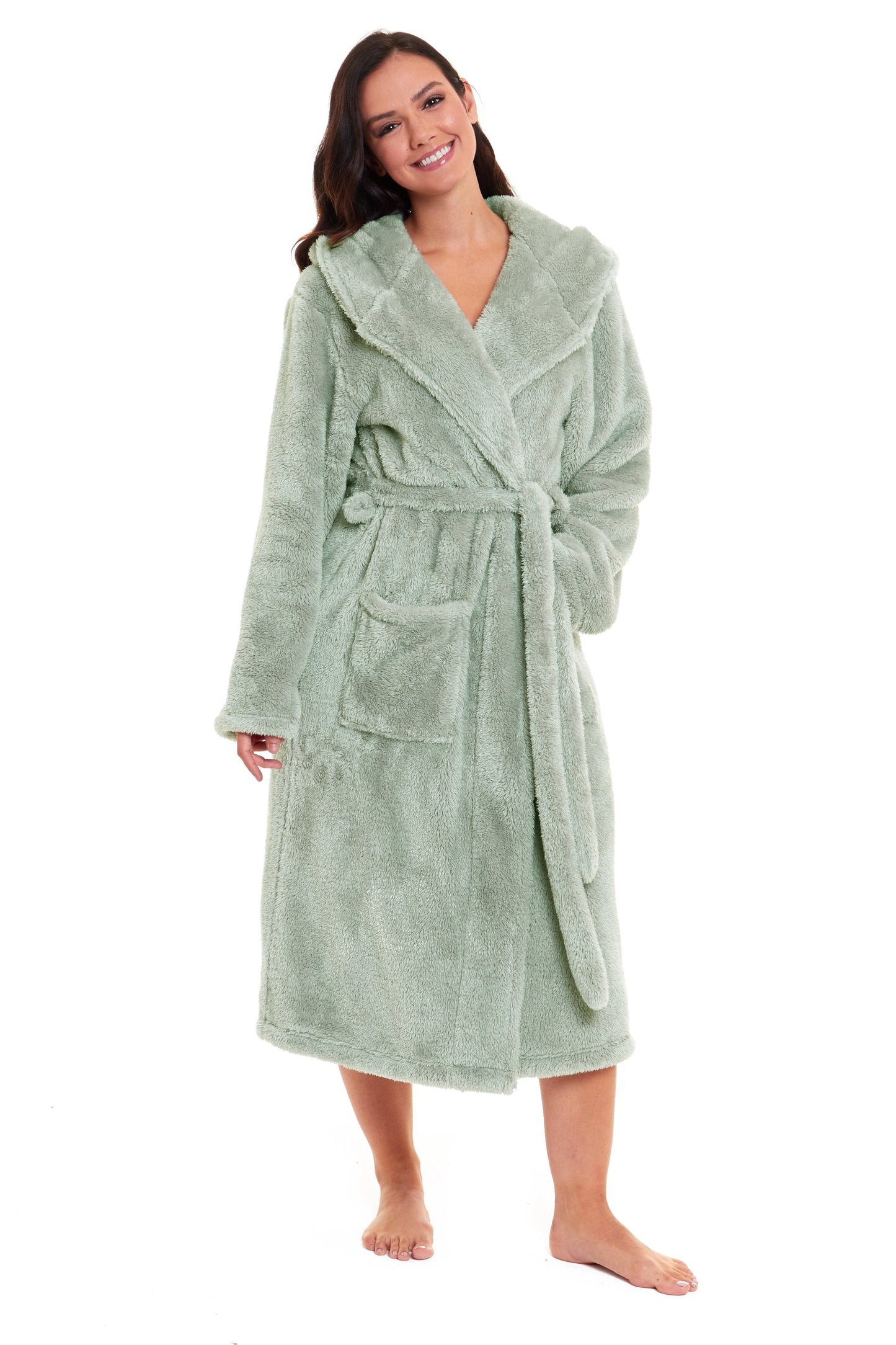 Women's Snuggle Fleece Touch Hooded Robe Luxurious Soft Loungewear Cosy Durable Dressing Gown UK Sizes 8-22 Green Grey Pink Green by Daisy Dreamer