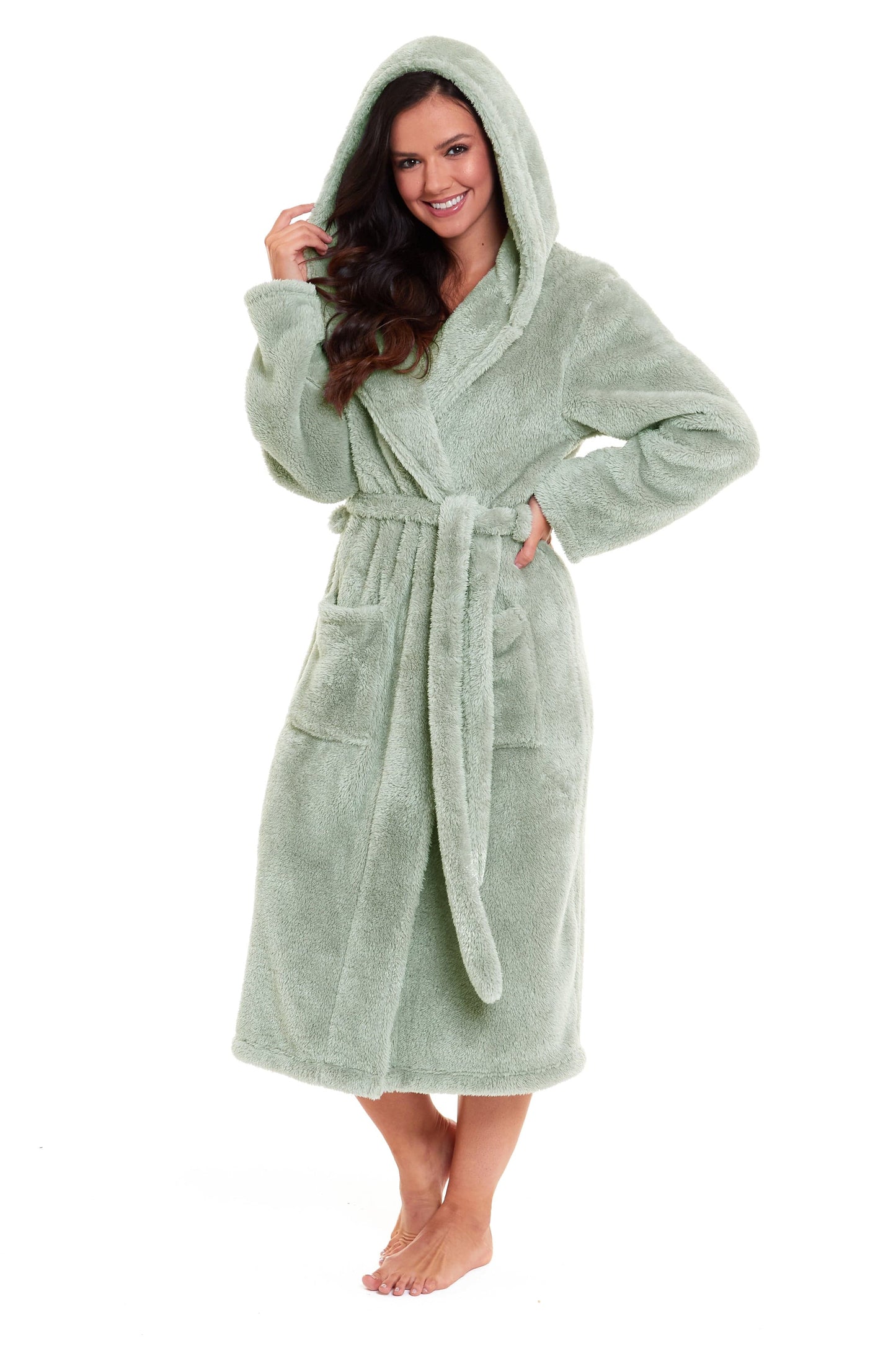 Women's Snuggle Fleece Touch Hooded Robe Luxurious Soft Loungewear Cosy Durable Dressing Gown UK Sizes 8-22 Green Grey Pink Green by Daisy Dreamer
