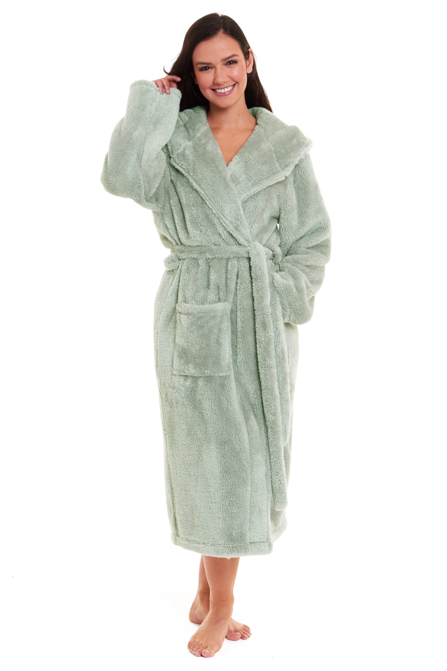 Women's Snuggle Fleece Touch Hooded Robe Luxurious Soft Loungewear Cosy Durable Dressing Gown UK Sizes 8-22 Green Grey Pink Green by Daisy Dreamer