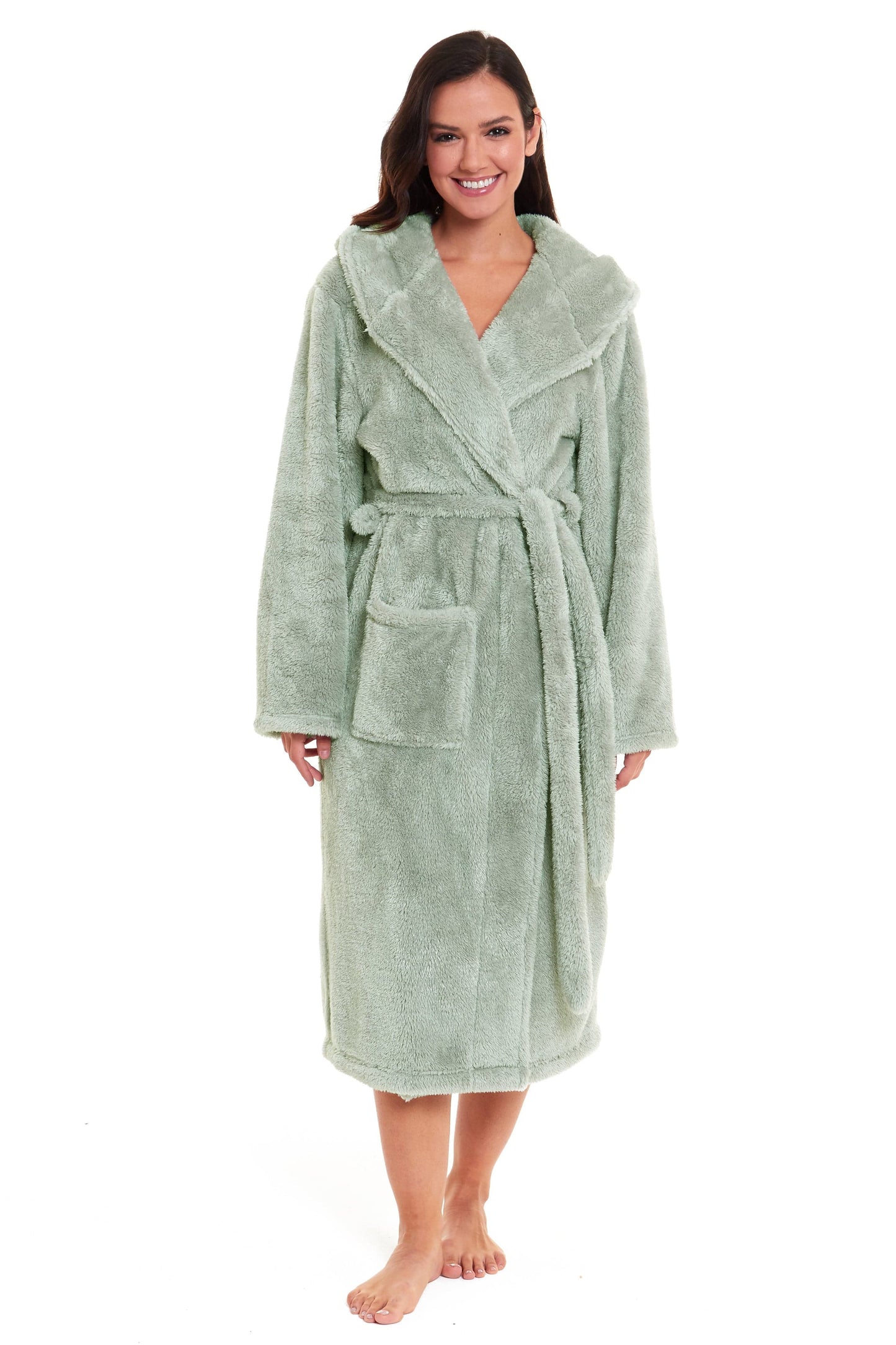 Women's Snuggle Fleece Touch Hooded Robe Luxurious Soft Loungewear Cosy Durable Dressing Gown UK Sizes 8-22 Green Grey Pink Green by Daisy Dreamer