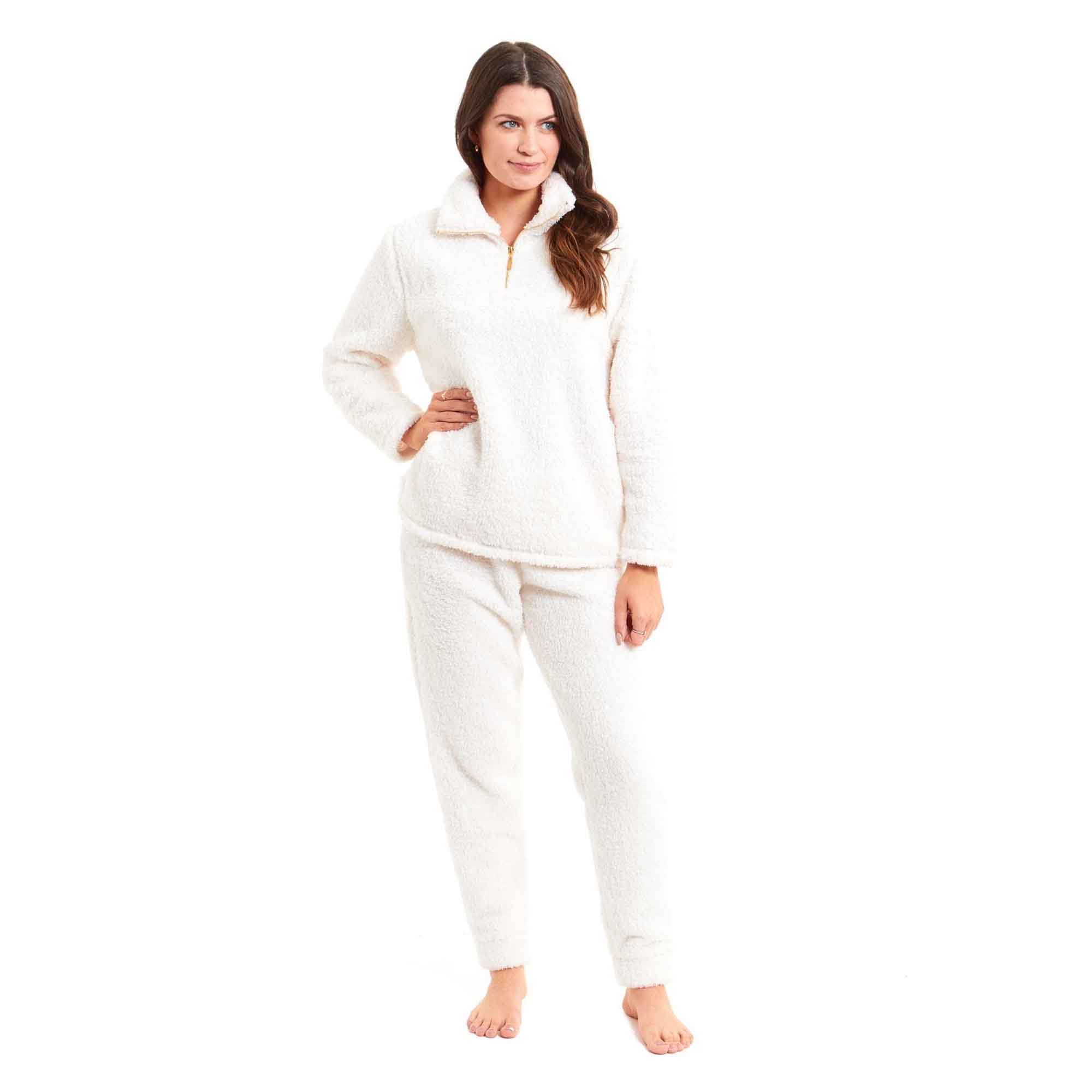 Women's Super Soft Teddy Fleece Loungewear Set Cozy Elasticated Waistband Pants and Zip Front Top in Pink Grey Cream Luxurious Nightwear by Daisy Dreamer