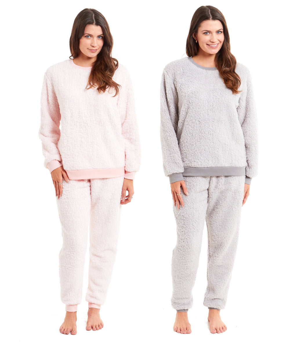 Women's Super Soft Teddy Fleece Pyjama Set Warm Cozy Stretchable Loungewear Crew Neck Nightwear by Daisy Dreamer