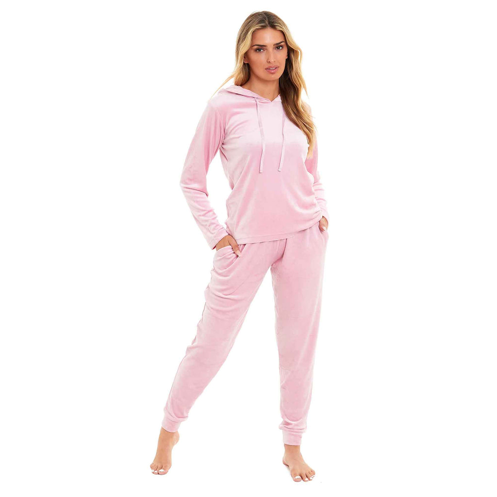 Women's Super Soft Velour Hooded Pyjama Set Comfortable Fleece Loungewear in Pink Grey by Daisy Dreamer