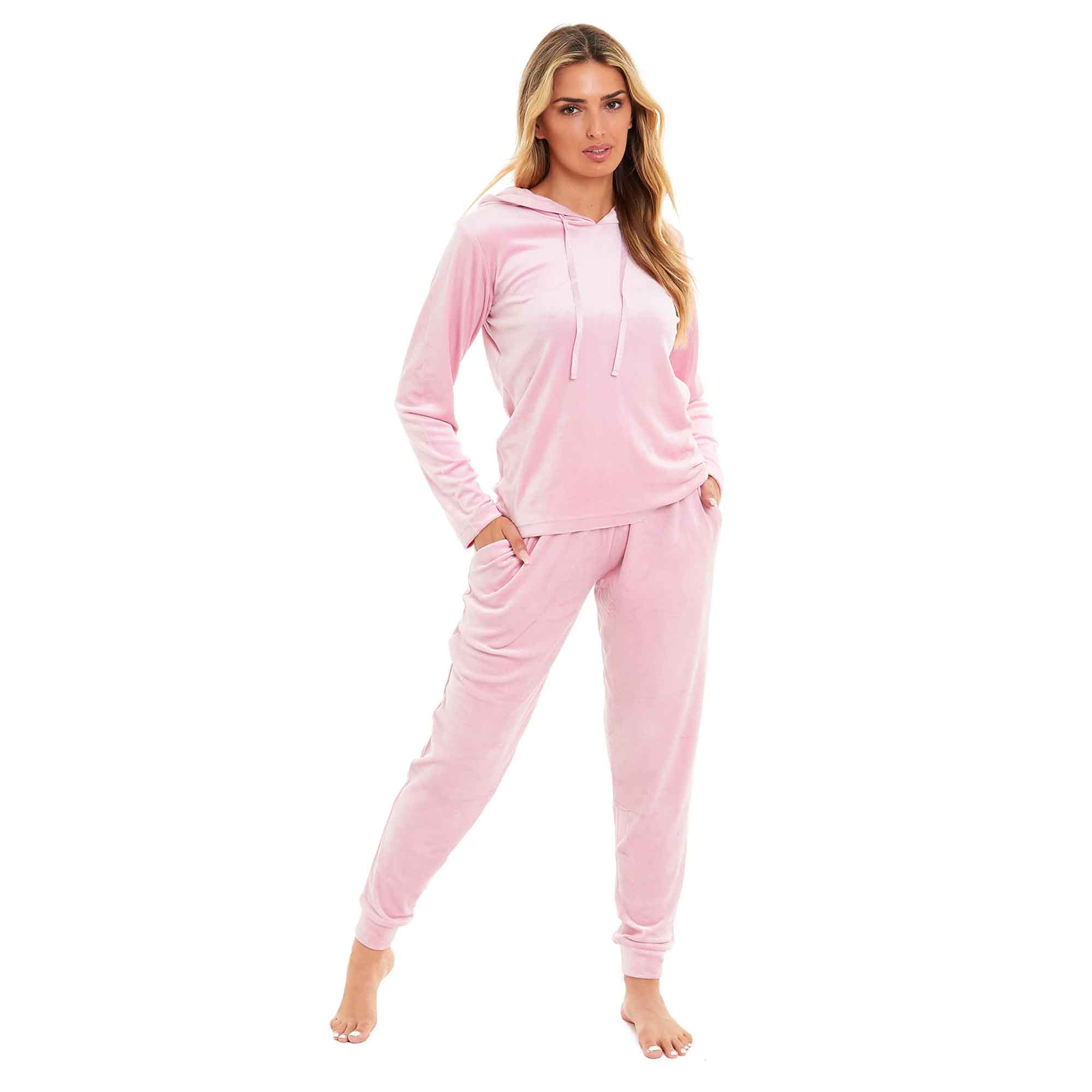 Women's Super Soft Velour Hooded Pyjama Set Comfortable Fleece Loungewear in Pink Grey by Daisy Dreamer