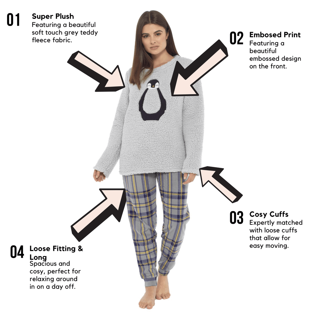Women's Teddy Fleece Pyjama Set with Penguin Design Soft Cosy Nightwear Stylish Loungewear Warm Snuggle PJs with Contrasting Bottoms for Chilly Evenings by Daisy Dreamer