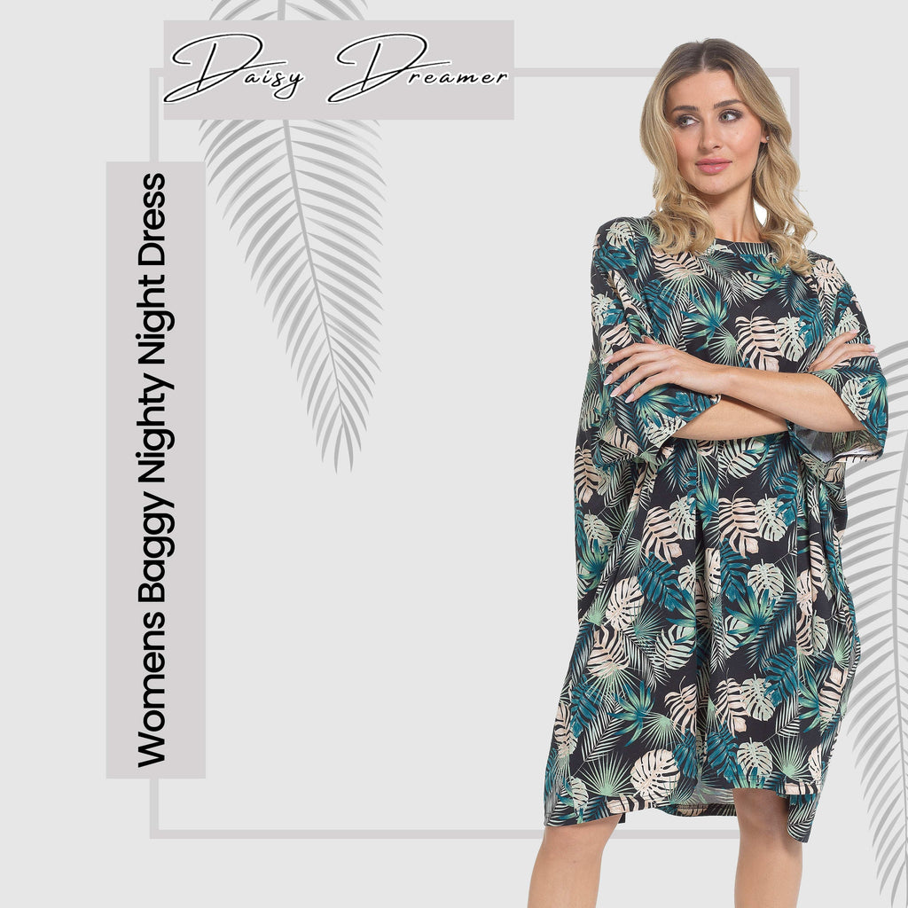 Women's Tropical Baggy Nighty Dress Oversized T-Shirt Nighties 100% Cotton Short Sleeved Nightshirt for Ladies by Daisy Dreamer