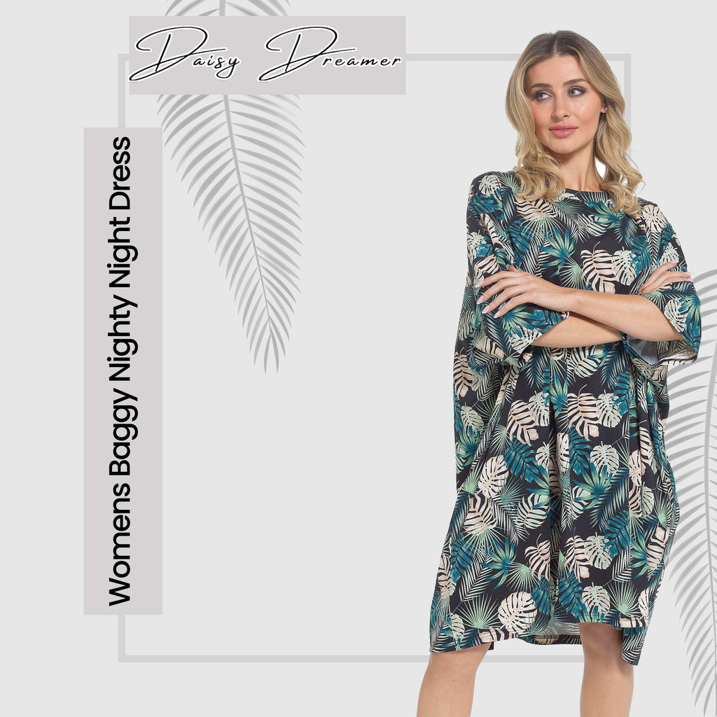 Women's Tropical Baggy Nighty Dress Oversized T-Shirt Nighties 100% Cotton Short Sleeved Nightshirt for Ladies by Daisy Dreamer