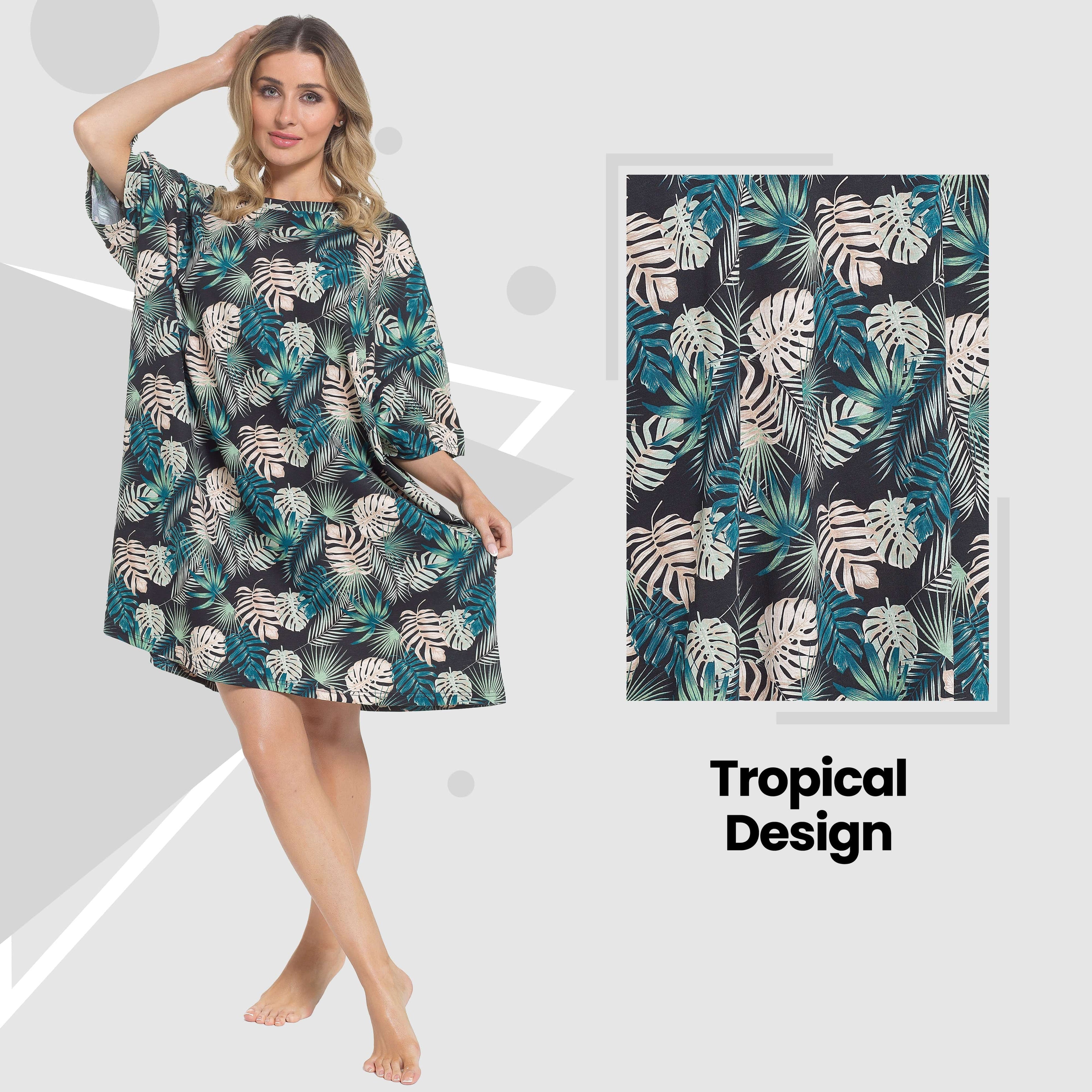 Women's Tropical Baggy Nighty Dress Oversized T-Shirt Nighties 100% Cotton Short Sleeved Nightshirt for Ladies by Daisy Dreamer