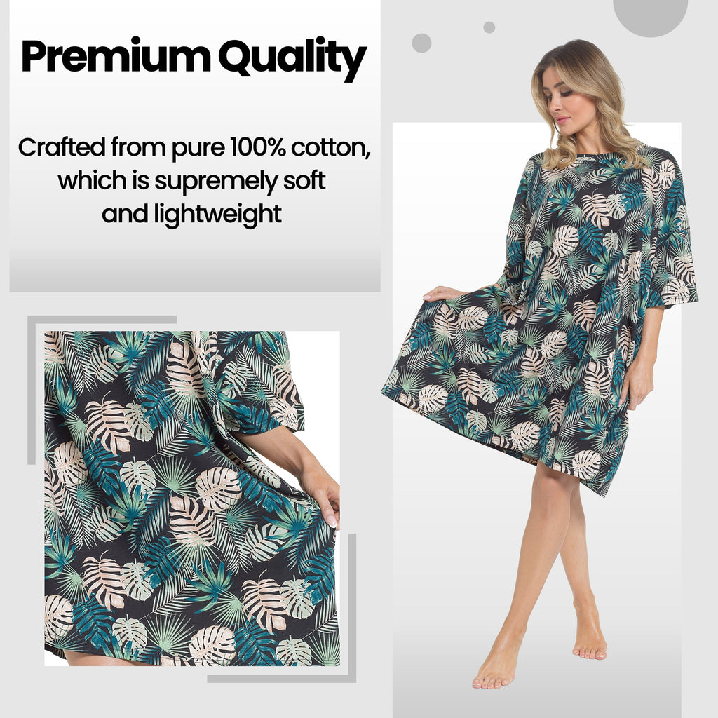 Women's Tropical Baggy Nighty Dress Oversized T-Shirt Nighties 100% Cotton Short Sleeved Nightshirt for Ladies by Daisy Dreamer