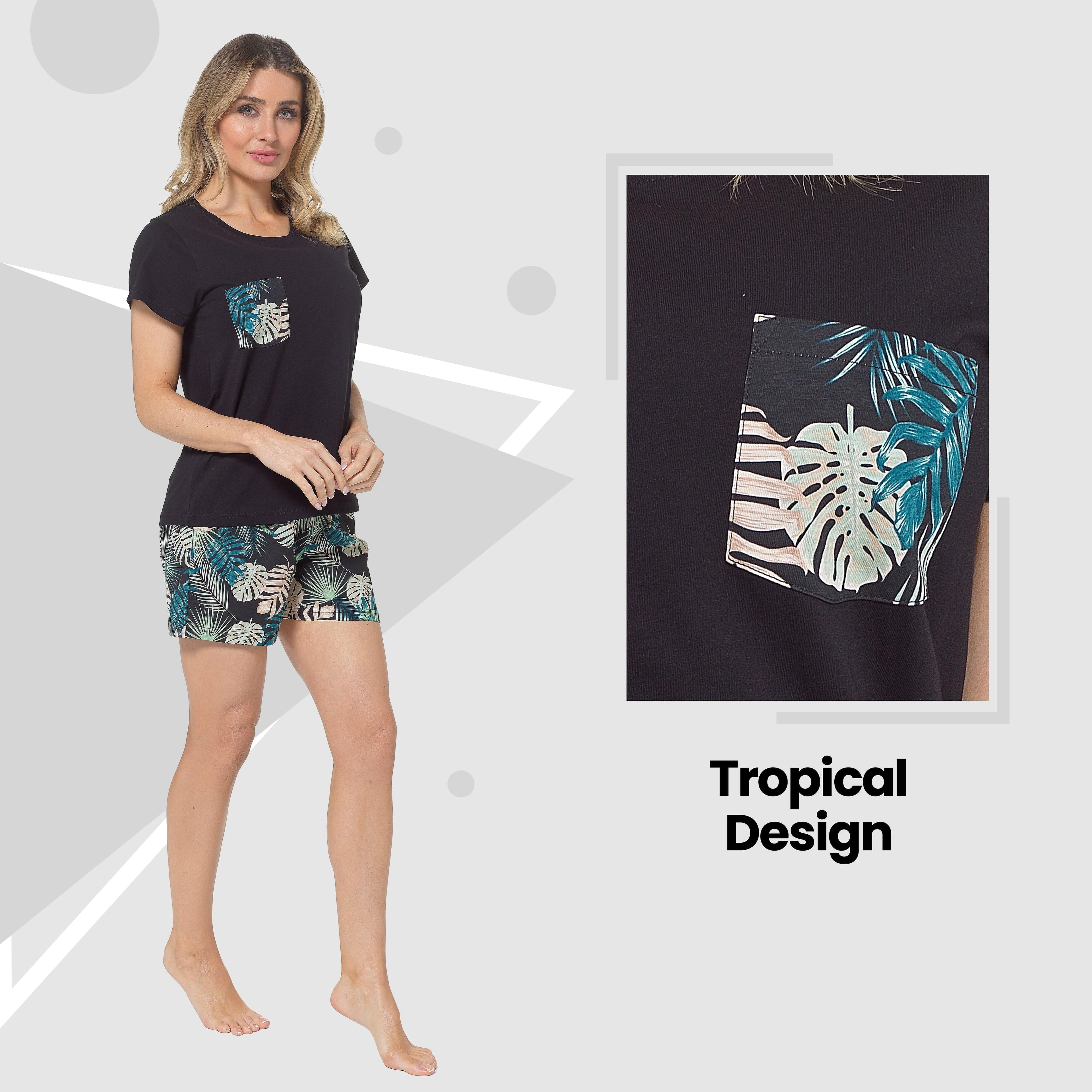 Women's Tropical Pyjama Set T-Shirt & Shorts PJs Soft Cotton Loungewear Summer Holiday Sleepwear by Daisy Dreamer