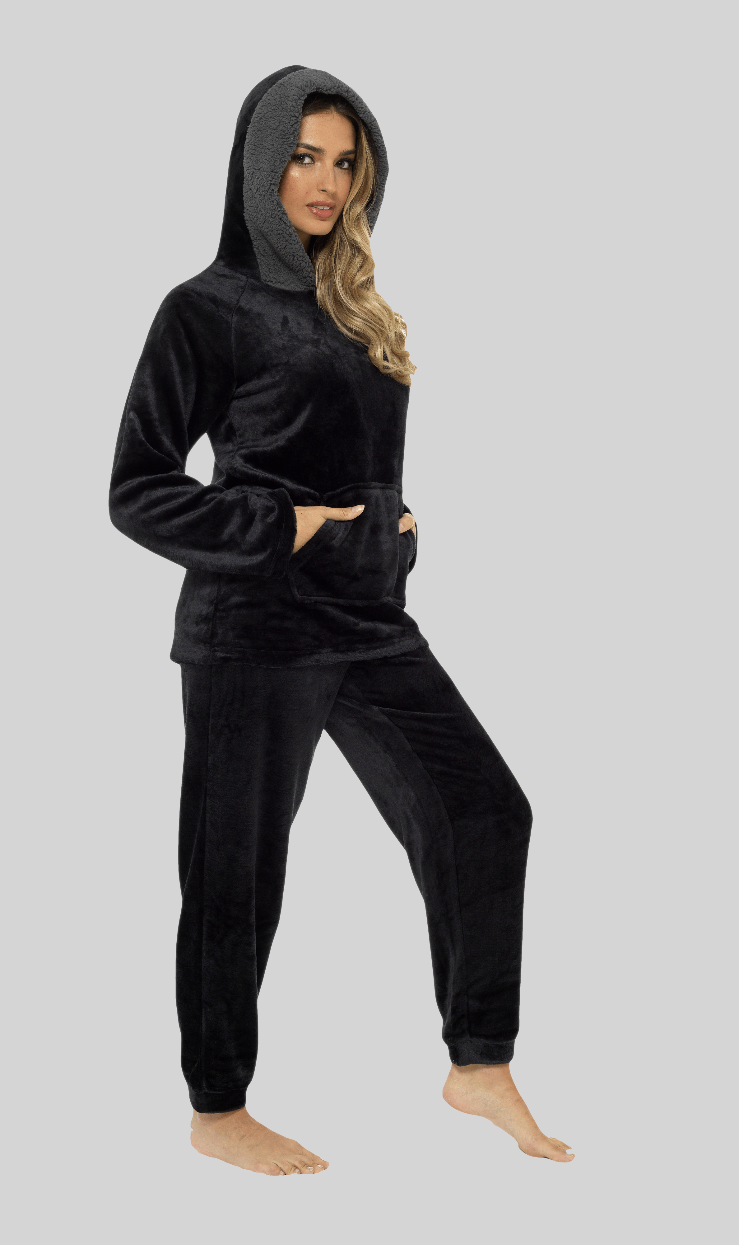 Women's Ultra-Soft Black Plush Fleece Hooded Pyjama Set with Sherpa Lining Cosy Durable Nightwear by Daisy Dreamer