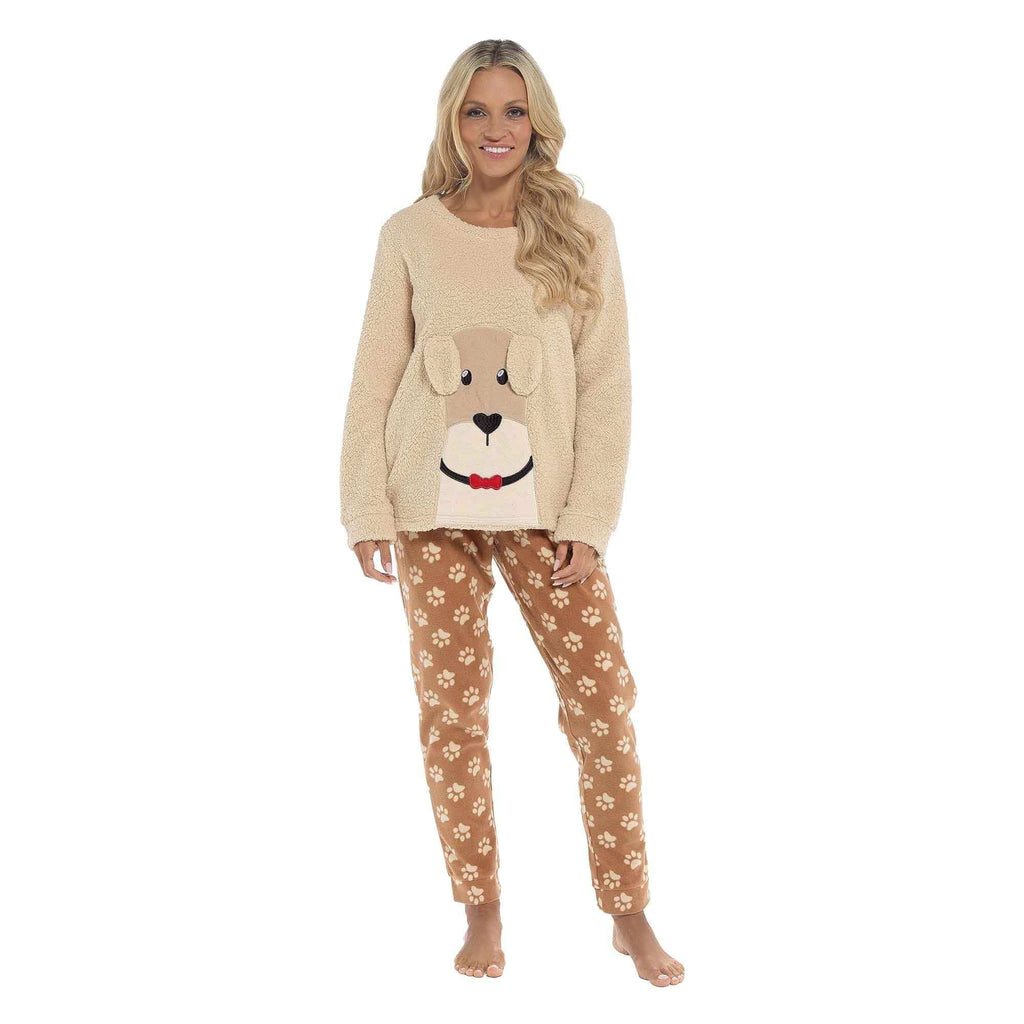 Women's Ultra-Soft Fleece Dog Snuggle Pyjama Set with Elasticated Patterned Pants Cozy Long Sleeve Top by Daisy Dreamer