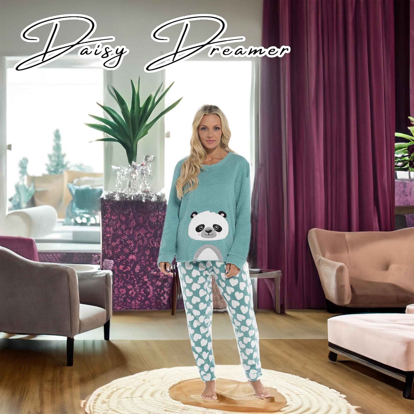 Women's Ultra-Soft Panda Snuggle Fleece Pyjama Set with Long Sleeve Top and Elasticated Bottoms for Lounging and Sleepwear by Daisy Dreamer