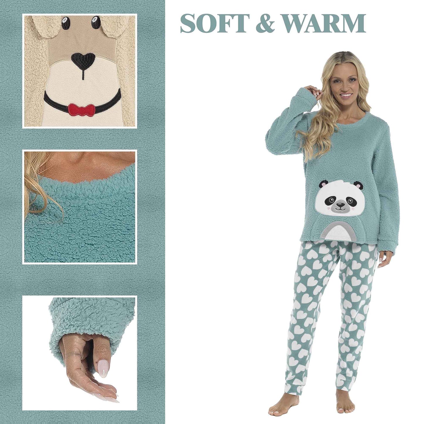 Women's Ultra-Soft Panda Snuggle Fleece Pyjama Set with Long Sleeve Top and Elasticated Bottoms for Lounging and Sleepwear by Daisy Dreamer