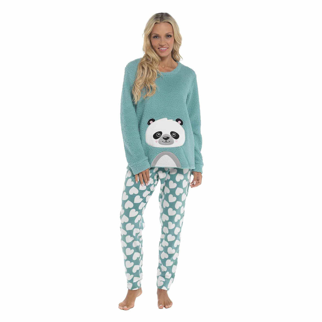 Women's Ultra-Soft Panda Snuggle Fleece Pyjama Set with Long Sleeve Top and Elasticated Bottoms by Daisy Dreamer