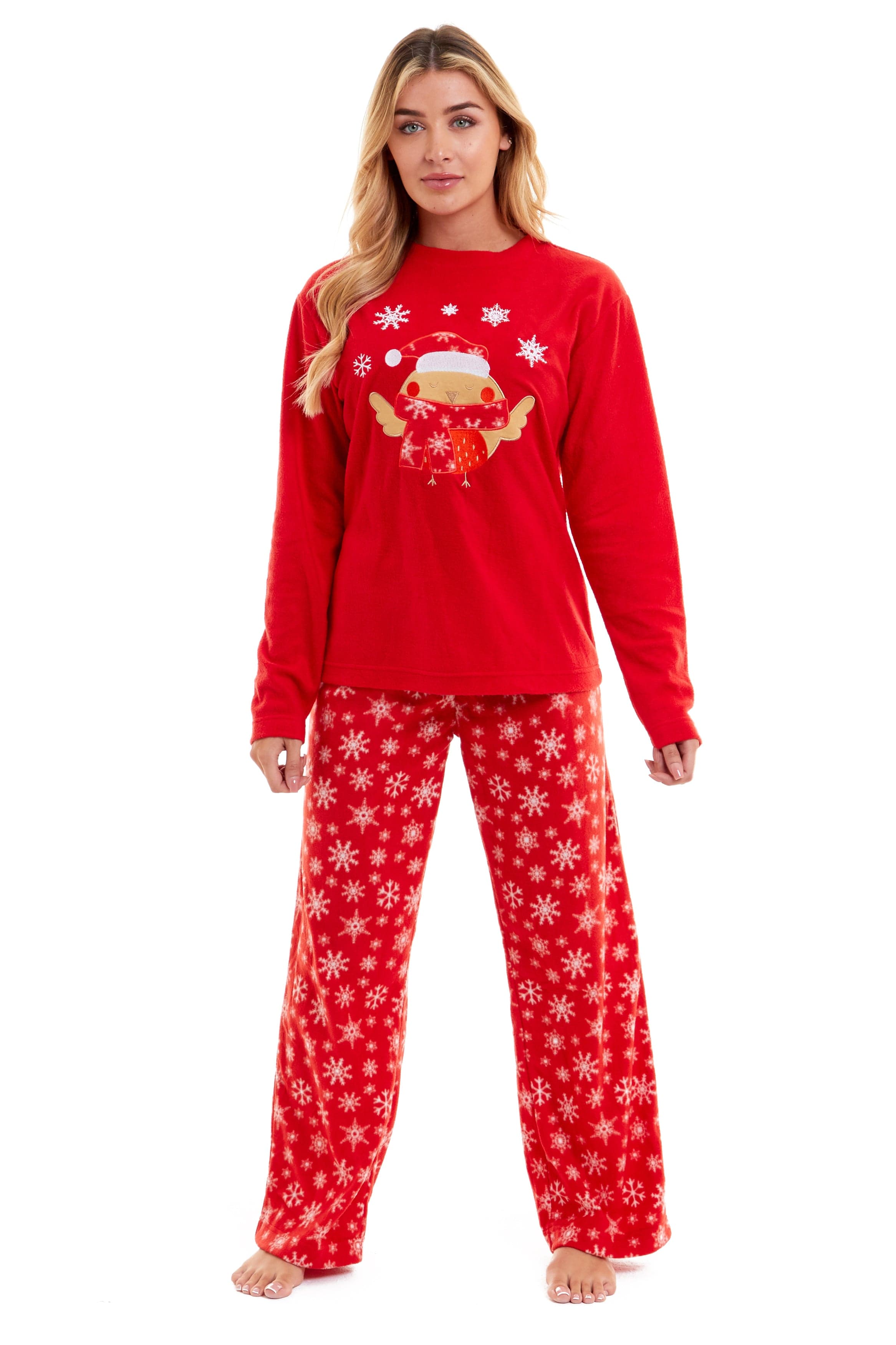 Women's Ultra Soft Polar Fleece Pyjama Set with Festive Robin Design Warm Winter Nightwear by Daisy Dreamer
