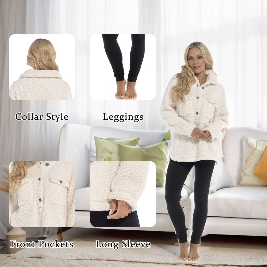 Women's Ultra-Soft Sherpa Lounge Set Long Sleeve Top and Leggings with Double Pockets Cozy Pajamas for Chilly Days Multiple Sizes Daisy Dreamer