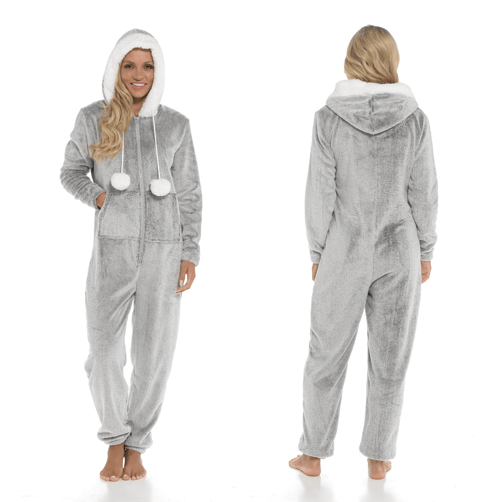 Women's Ultra-Soft Shimmer Fleece Hooded Onesie Pajama with Zip-Up Pockets and Cute Pompoms by Daisy Dreamer