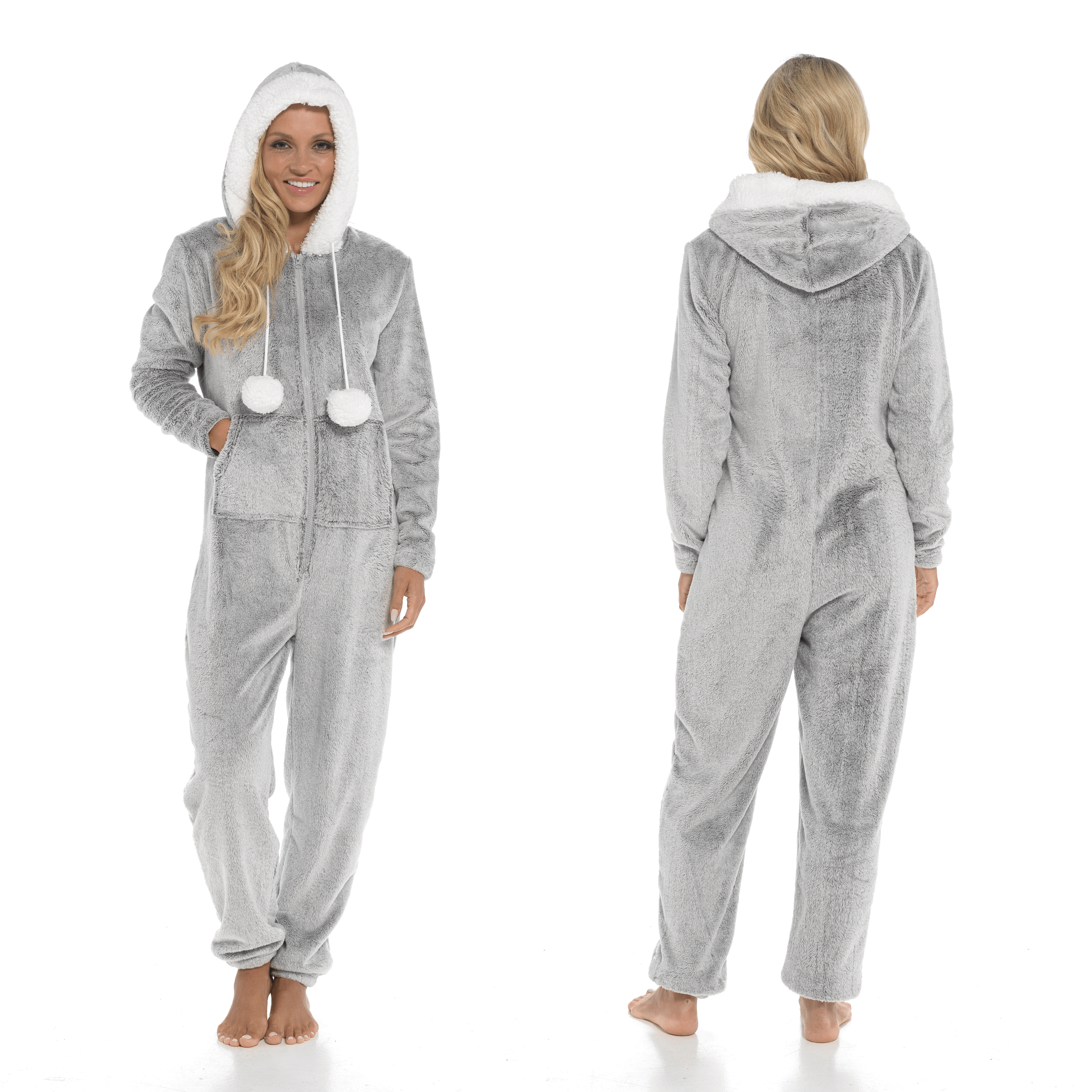 Women's Ultra-Soft Shimmer Fleece Hooded Onesie Pajama with Zip-Up Pockets and Cute Pompoms by Daisy Dreamer