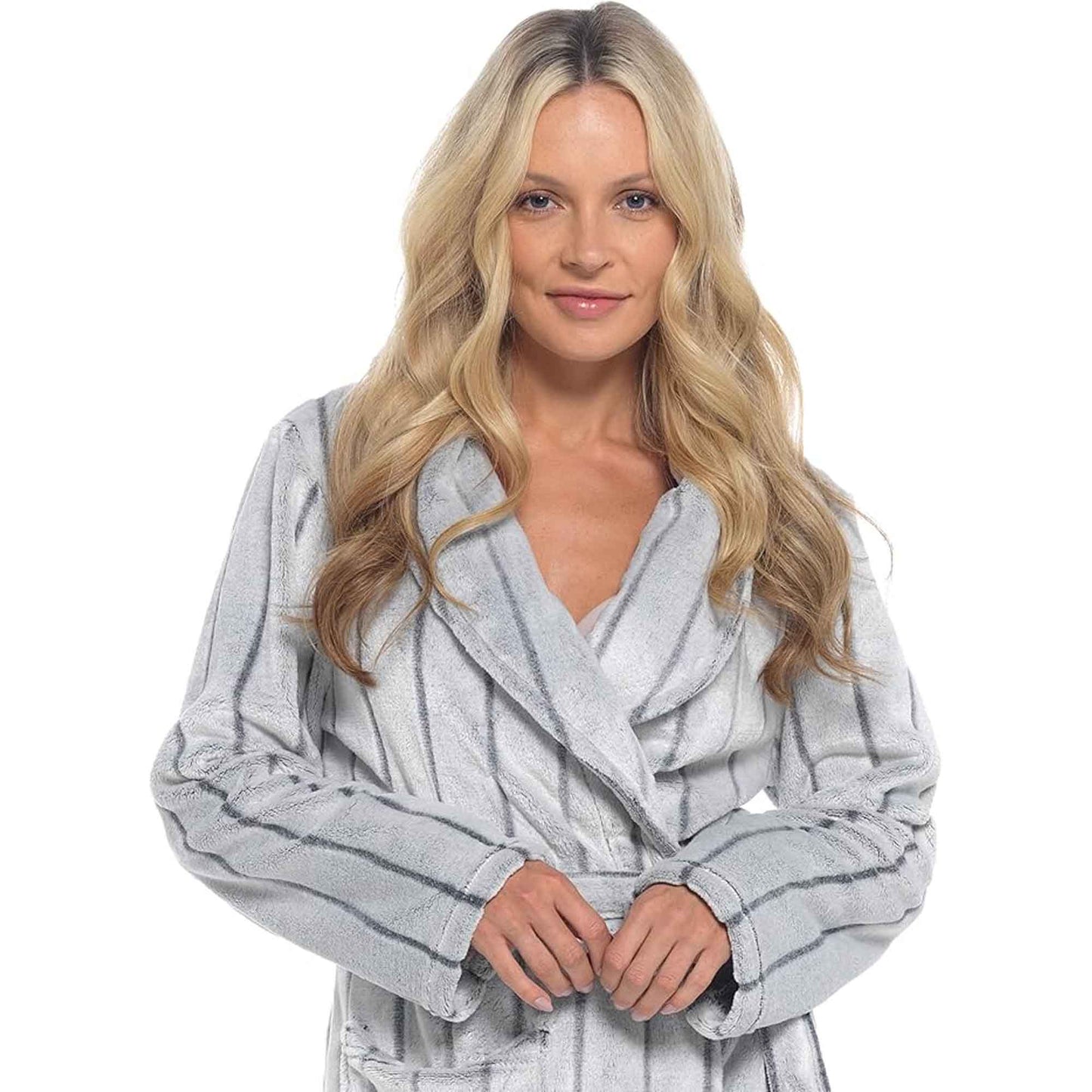 Women's Ultra Soft Velvet Fleece Hooded Bathrobe with Shawl Collar Shadow Stripe Design Grey and Charcoal All Sizes by Daisy Dreamer