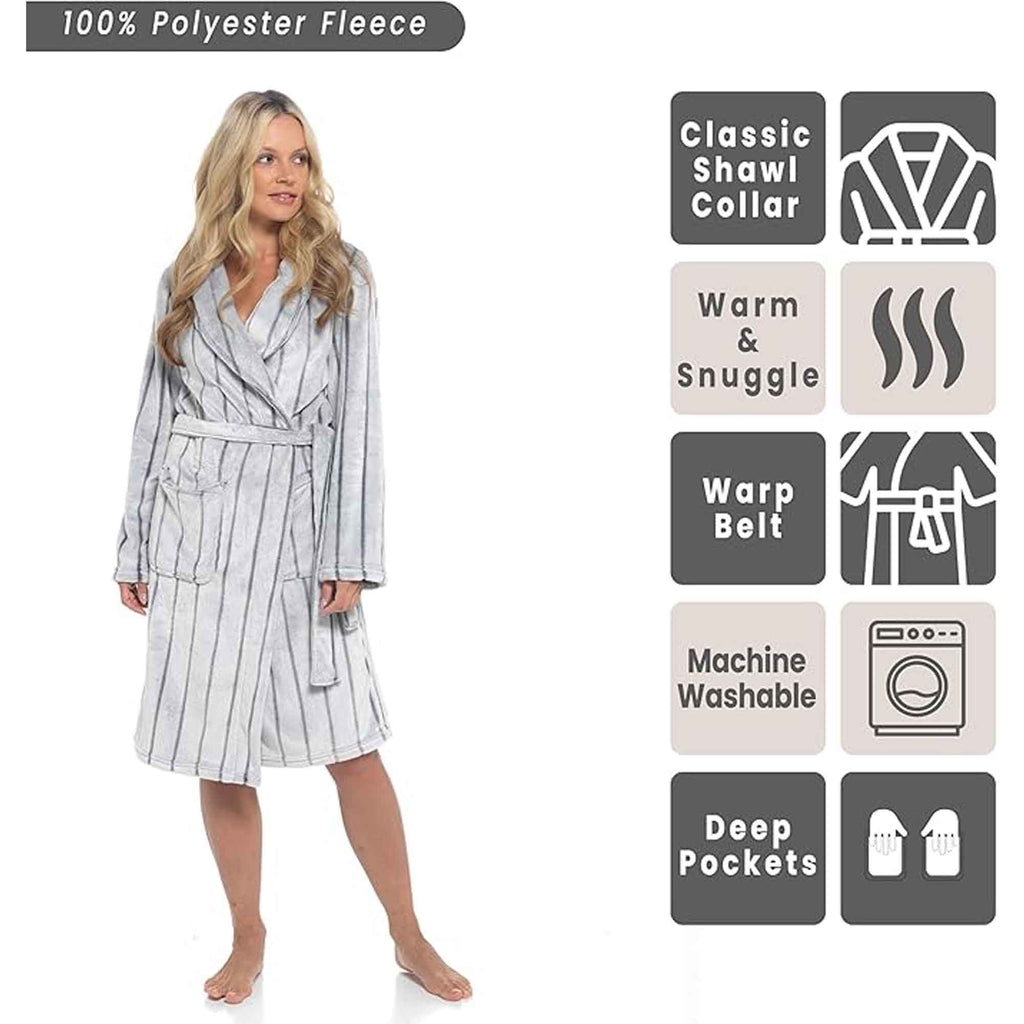 Women's Ultra Soft Velvet Fleece Hooded Bathrobe with Shawl Collar Shadow Stripe Design Grey and Charcoal All Sizes by Daisy Dreamer